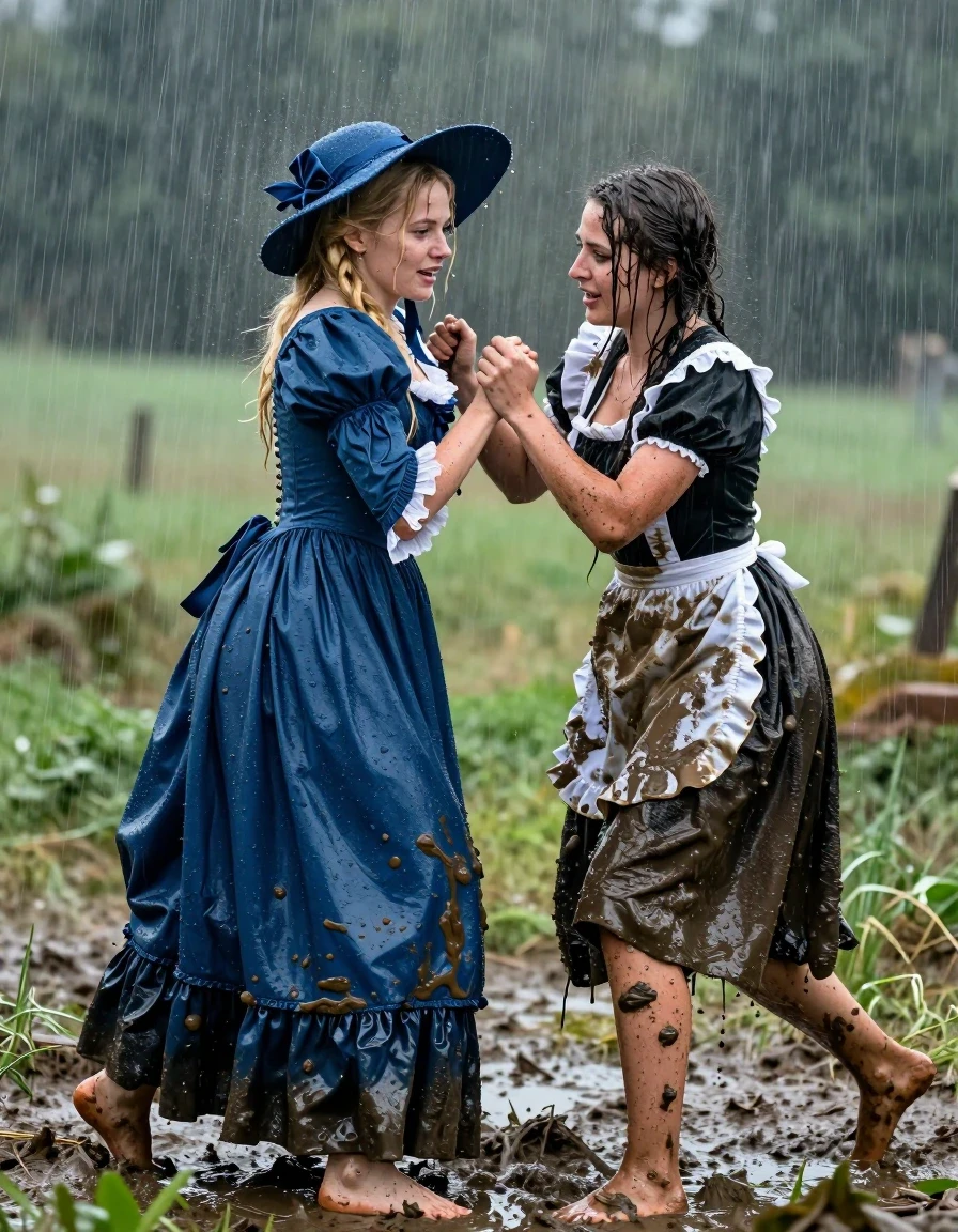 A cinematic, highly detailed wide shot of a playfully blonde young adult European woman and a brunette young adult European woman mud wrestling in lush fields during a torrential downpour. The blonde woman is wearing an aristocratic long-sleeved blue Regency-era maxi dress and a matching wide-brimmed hat; the fabric is heavily soaked, clinging to her skin, darkened to a deep sapphire, heavy with water, and coated in a glossy sheen with visible wet texture and mud splatters. The brunette woman is wearing a traditional maxi-length maid uniform, also saturated with rainwater and caked in thick, slick mud. Both women are barefoot, with their skin glistening with rain and smeared with mud, hair plastered to their faces and necks, and clothes hanging heavy with water weight. The lighting is moody and overcast with high-contrast specular reflections on the wet surfaces and skin. Photorealistic, 8k, highly detailed textures, dramatic atmosphere, water droplets splashing, intense action pose.