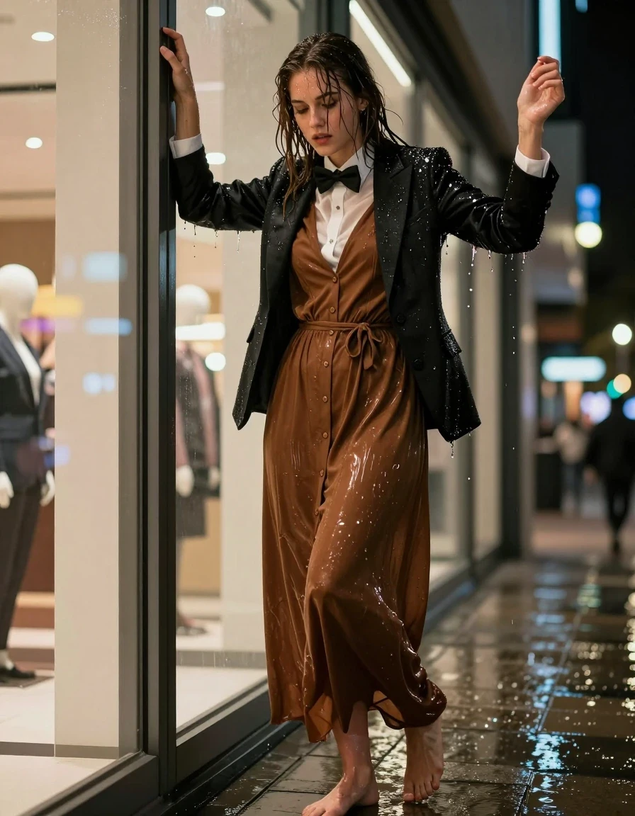 photo of young woman, in soaking wet, drenched clothes,
barefeet, brown buttoned down maxi dress, bowtie, black tuxedo jacket, brown buttoned down maxi dress, white shirt bowtie, black tuxedo jacket, streets at night, 
enjoying, wet clothes stuck to body,
detailed textures of the wet clothes, wet face, wet plastered hair,
wet, drenched, professional, high-quality details, full body view.
sharp focus, ultra-high pixel detail, realistic, high-quality, full colors, incredibly detailed, 4k, 8k, 16k, hyper-realistic, RAW photo, masterpiece, ultra-detailed, professionally color graded, professional photograph, nerdy look. climbing out of a window of a shopping mall completely exhausted and sweaty, wet skin, wet clothes, damp fabric, wet skin, wet clothes, damp fabric