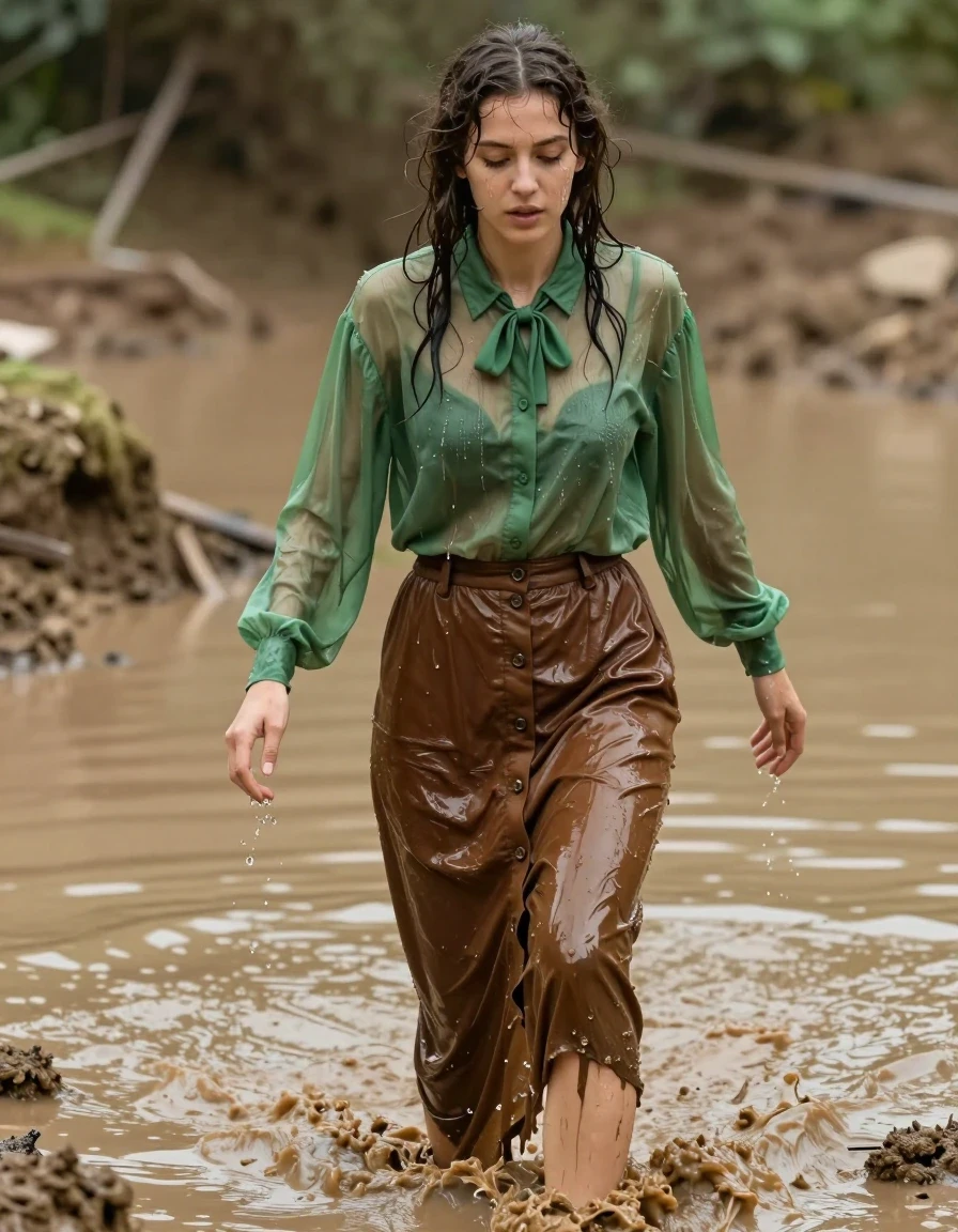 photo of young woman, in soaking wet, drenched clothes,
barefeet, oversized sheer green long-sleeved buttoned down blouse, bowtie, brown buttoned down maxi skirt, mudslide, 
enjoying, wet clothes stuck to body,
detailed textures of the wet clothes, wet face, wet plastered hair,
wet, drenched, professional, high-quality details, full body view.
sharp focus, ultra-high pixel detail, realistic, high-quality, full colors, incredibly detailed, 4k, 8k, 16k, hyper-realistic, RAW photo, masterpiece, ultra-detailed, professionally color graded, professional photograph, swimming in mud, nerdy look, wet skin, wet clothes, damp fabric