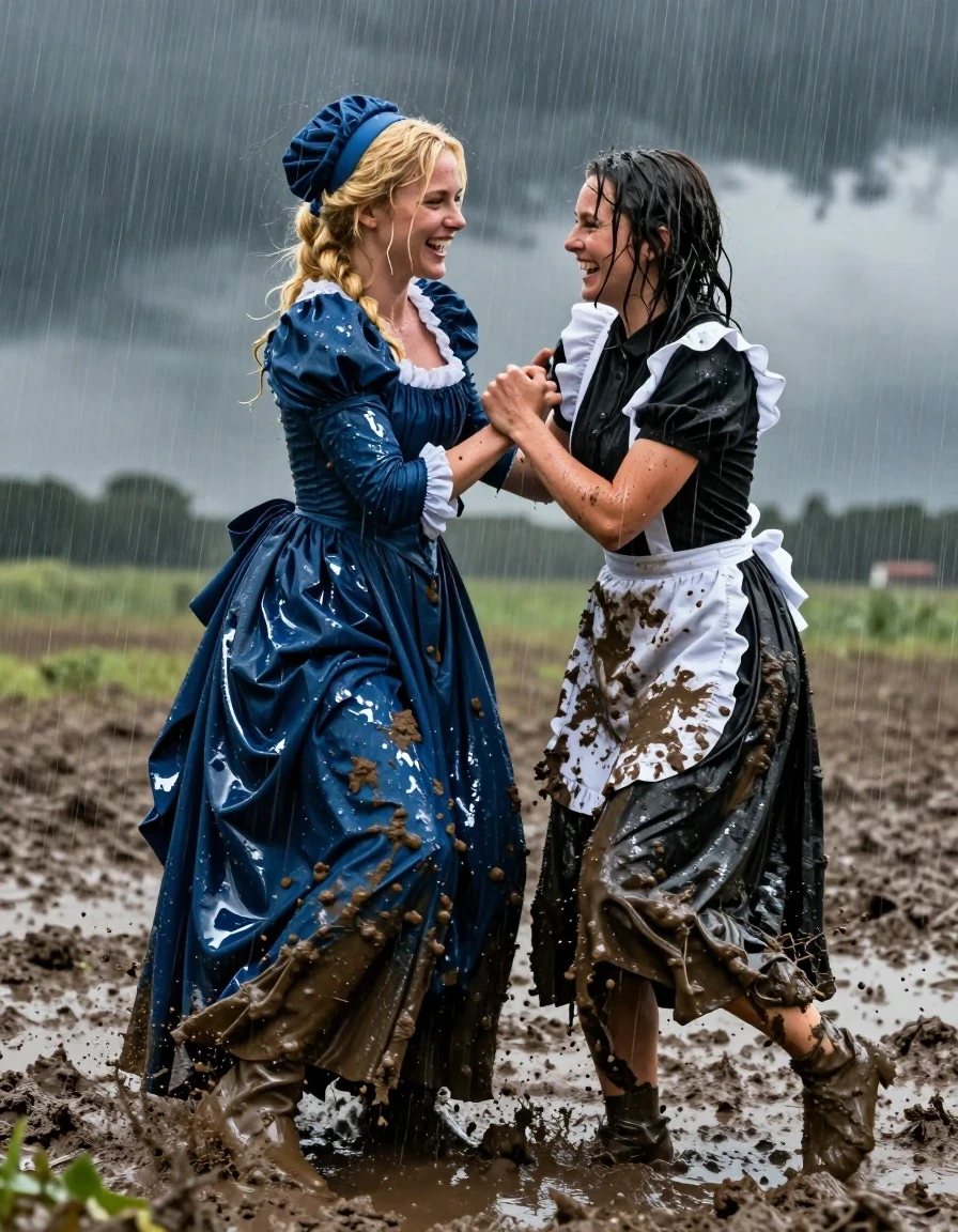 A high-detail cinematic action shot of a blonde European woman and a brunette European woman joyfully mud wrestling in a vast field during a heavy, torrential rainstorm. The blonde woman is dressed in an aristocratic long-sleeved maxi blue Regency-era dress with a matching hat, her fabric soaked through, clinging to her form with heavy, water-logged folds, deep navy color saturation, and shimmering wet highlights. The brunette woman wears a long, black-and-white maxi maid uniform, saturated and stained with thick, dark mud and rainwater. Both women have wet, matted hair and glistening, rain-slicked skin, their expressions filled with genuine joy and laughter as they grapple in the churned, muddy earth. The environment is dark and stormy, with visible streaks of heavy rain, splashing mud, and water puddles reflecting the dim, overcast sky. Professional photography, sharp focus on the textures of wet fabric and mud, high-contrast lighting, 8k resolution, hyper-realistic skin and fabric physics.