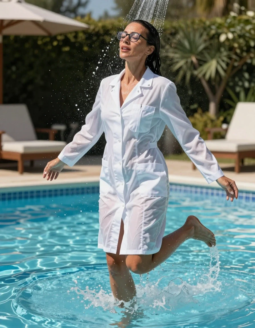 photo of young woman, in soaking wet, drenched clothes,
shoes, maxi flared white labcoat with long sleeves, maxi flared white labcoat with long sleeves, taking shower and jumped in water in sunny swimming pool, 
enjoying, wet clothes stuck to body,
detailed textures of the wet clothes, wet face, wet plastered hair,
wet, drenched, professional, high-quality details, full body view.
sharp focus, ultra-high pixel detail, realistic, high-quality, full colors, incredibly detailed, 4k, 8k, 16k, hyper-realistic, RAW photo, masterpiece, ultra-detailed, professionally color graded, professional photograph, europen brunette skinny woman 50 years old, long dark black hair, very big and thick lips,  office glasses, complete body, wet skin, wet clothes, damp fabric, wet skin, wet clothes, damp fabric, wet skin, wet clothes, damp fabric, wet skin, wet clothes, damp fabric, wet skin, wet clothes, damp fabric
