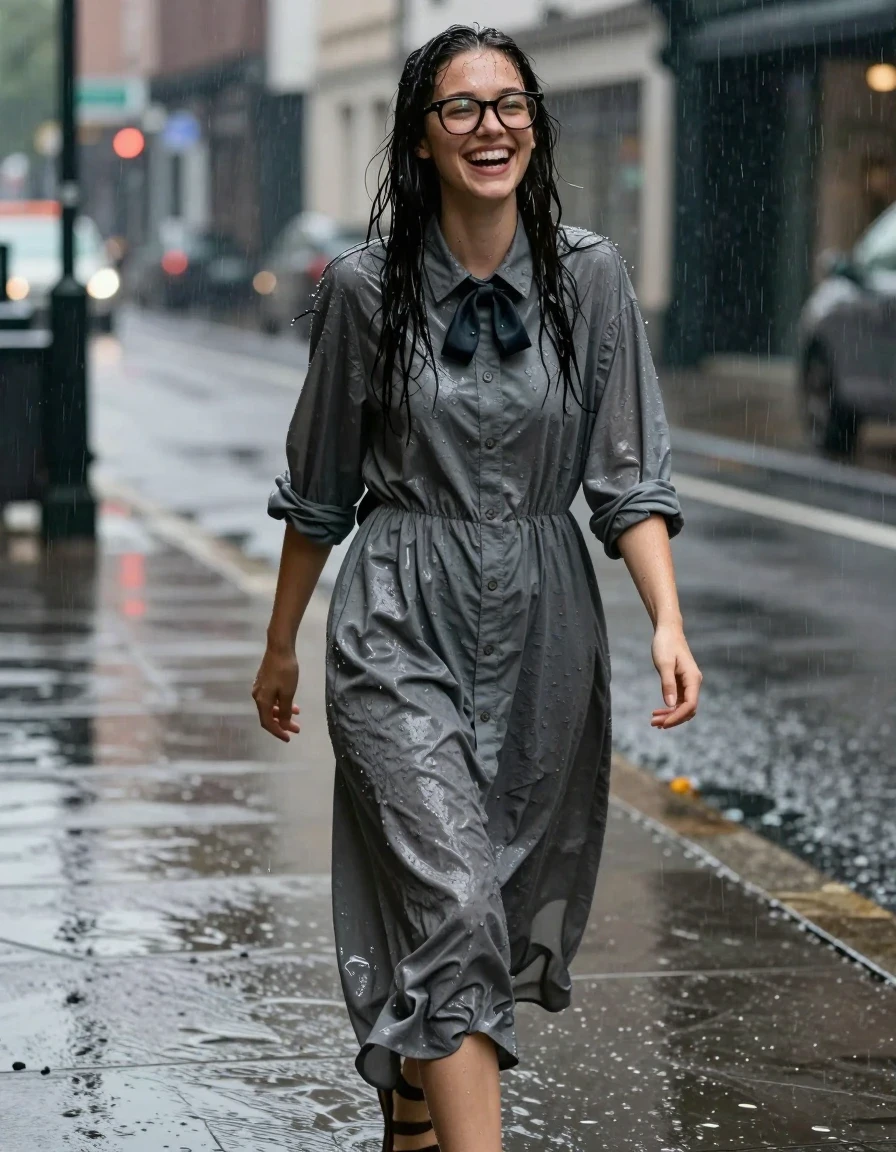 A photorealistic medium shot of a young adult European woman with a nerdy aesthetic wearing thick-rimmed glasses, walking home through rain-slicked city streets. She is captured in a candid, joyful moment, laughing with a bright expression. She is wearing an oversized grey buttoned-down maxi dress that is heavily soaked by the rain; the fabric is dark, clinging to her frame with heavy wet folds and visible water weight. A bowtie is visible at the collar, also saturated and darkened by the downpour. She wears simple sandals on her feet. Her skin and hair are glistening with rain, featuring realistic water sheen and droplets. The environment is a moody, rainy urban setting with reflections of city lights on the wet pavement. High-detail photographic quality, cinematic lighting, sharp focus on the subject, authentic wet texture on fabric and skin.