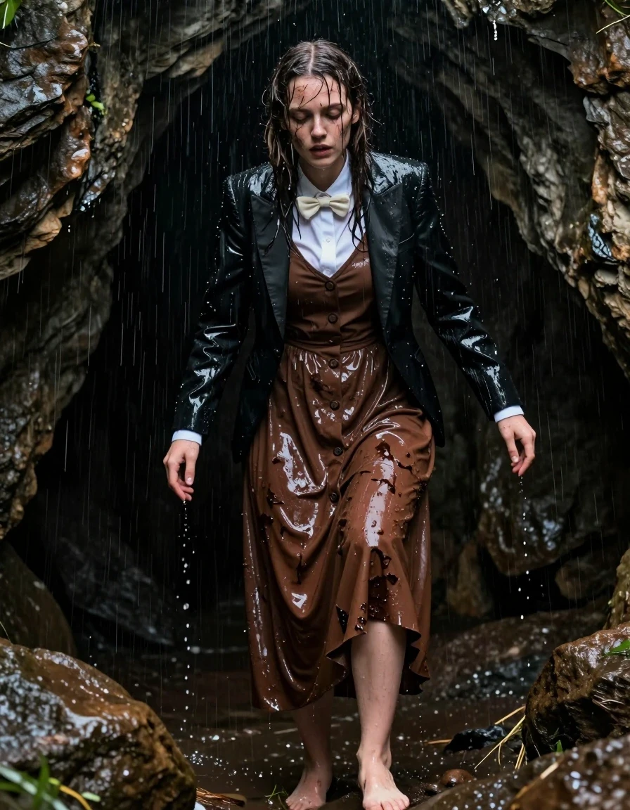 A photorealistic, highly detailed shot of a young adult European woman with a nerdy look, climbing out of a dark, rugged cave during torrential rain. She is completely exhausted, face streaked with water and mud, hair plastered to her scalp and face. She is wearing a brown buttoned-down maxi dress that is soaking wet, heavy with water, clinging to her body, with deep saturated tones and dark, unevenly soaked patches. Over the dress, she wears a white shirt with a bowtie and a black tuxedo jacket, both drenched and dripping, with the fabric darkened and heavy from the downpour. She is barefoot, her skin pale and glistening with water, with visible wet texture and water sheen. The environment is a wet, rocky cave entrance with heavy rain cascading down in the background. The lighting is moody, emphasizing the glossy, wet surfaces of her clothes and skin, with sharp reflections of the rain. Cinematic composition, 8k resolution, highly realistic wet look, intense atmosphere, sharp focus on the subject's exhausted expression.