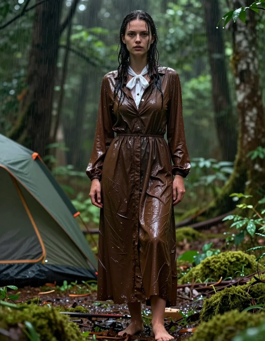 A photorealistic medium shot of a young adult European woman camping in a lush, dense forest during a rainstorm. She is wearing a brown button-down maxi dress layered over a white shirt with a bowtie, both garments rendered in a heavy, soaking-wet state; the fabric is saturated with water, clinging to her body with deep, darkened tones, heavy wet folds, and visible texture. Her skin and hair are drenched, glistening with realistic water sheen and droplets. She is barefoot, standing on the damp, mossy forest floor amidst wild camping gear. The lighting is moody and diffused through the forest canopy, highlighting the specular reflections on the wet fabric and skin. High-detail photographic composition, 8k, cinematic lighting, hyper-realistic textures.