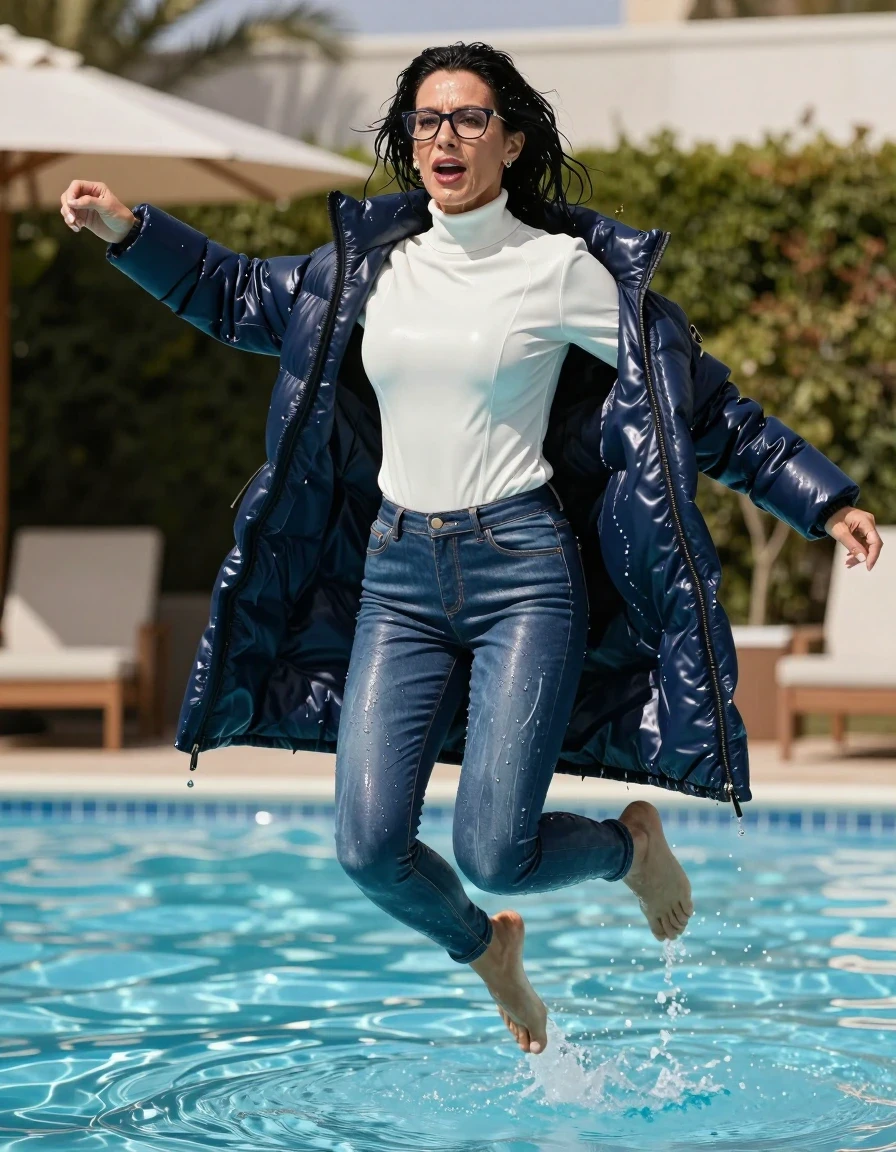 photo of young woman, in soaking wet, drenched clothes,
shoes, tight blue leather jeans, with belt, long white high-neck leather sweater dress with long sleeves, maxi dark blue down jacket, jumping in sunny swimming pool, 
enjoying, wet clothes stuck to body,
detailed textures of the wet clothes, wet face, wet plastered hair,
wet, drenched, professional, high-quality details, full body view.
sharp focus, ultra-high pixel detail, realistic, high-quality, full colors, incredibly detailed, 4k, 8k, 16k, hyper-realistic, RAW photo, masterpiece, ultra-detailed, professionally color graded, professional photograph, europen brunette skinny woman 50 years old, long dark black hair, very big and thick lips,  office glasses, complete body, wet skin, wet clothes, damp fabric, wet skin, wet clothes, damp fabric, wet skin, wet clothes, damp fabric, wet skin, wet clothes, damp fabric, wet skin, wet clothes, damp fabric