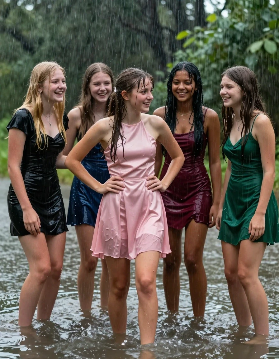 photo of young woman, in soaking wet, drenched clothes,
, , dress, 4.college girls playing in a flooded forest in the heavy rain , 
enjoying, wet clothes stuck to body,
detailed textures of the wet clothes, wet face, wet plastered hair,
wet, drenched, professional, high-quality details, full body view.
sharp focus, ultra-high pixel detail, realistic, high-quality, full colors, incredibly detailed, 4k, 8k, 16k, hyper-realistic, RAW photo, masterpiece, ultra-detailed, professionally color graded, professional photograph, Small young college girls both having fun together. All a similar age, a small nineteen year old girl, with a flat and slim body, skinny body, flat and skinny chest, a She has a wide square young face but a small very skinny waist and skinny legs, a very small chest and very small breasts, she is a pale brunette with ponytail and bangs. She has a small body, She is full of youthful energy. wearing a pink formal satin cocktail dress with a high neckline. she has her hands on her hips,. Her friend has blonde hair and is quite skinny, ,a wide square face, she is wearing a fit black short sleeve coctail dress. The third girl is 19, with a tan complexion and dark black hair, she is wearing a maroon mini dress, The 4th girl is brunette with a small body and thin legs, she is wearing a green prom dress, all of them except the blonde girl have very small breasts. wet skin, wet clothes, damp fabric,, wet skin, wet clothes, damp fabric, wet skin, wet clothes, damp fabric, wet skin, wet clothes, damp fabric, wet skin, wet clothes, damp fabric