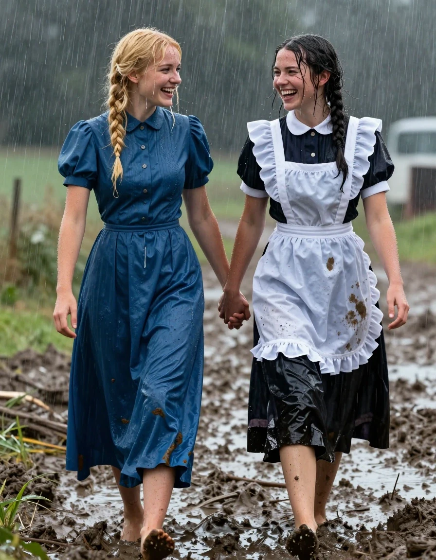 A photorealistic cinematic shot of a young blonde European woman walking hand-in-hand with a young brunette European woman dressed in a crisp Edwardian maid uniform, both traversing through muddy, rain-drenched fields during a heavy downpour. The blonde woman is wearing a long-sleeved maxi blue Edwardian dress, while the brunette wears the traditional maid attire; both outfits are heavily soaked, clinging to their bodies with deep, water-saturated fabric folds, visible weight, and darkening textures. Their skin and hair are glistening with rain, with water droplets streaming down their faces as they laugh joyfully. The ground is a churned, muddy mess, with mud splattered on their bare feet and the hemlines of their dresses. The atmosphere is thick with heavy rain, creating a strong glossy specular reflection on their wet clothing and the slick, saturated landscape. High-detail photography, 8k resolution, captured with a shallow depth of field, dramatic moody lighting, sharp focus on expressions and fabric textures.