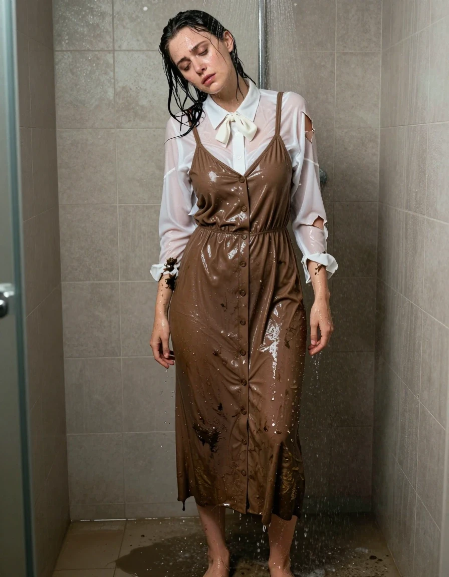 A photorealistic medium shot of a young adult European woman standing in a shower, completely exhausted, with a look of fatigue on her face. She is wearing a brown buttoned-down maxi dress over a white shirt with a bowtie, both garments visibly soaked and heavy with water. The fabric is saturated, clinging to her body, with darker, water-logged patches, heavy folds, and a wet sheen. The white shirt is torn in several places, revealing damp skin beneath. Mud is being washed off her clothes and skin by the running water, creating a realistic mix of grime and water droplets. She is barefoot, with wet skin and hair slicked back. The environment is a tiled shower stall with water spraying down, creating strong glossy specular reflections on her wet skin and the damp fabric. High-resolution, cinematic lighting, 8k, detailed textures, realistic water physics, sharp focus on the fabric's wet weight and the clinging texture of the mud-streaked clothing.
