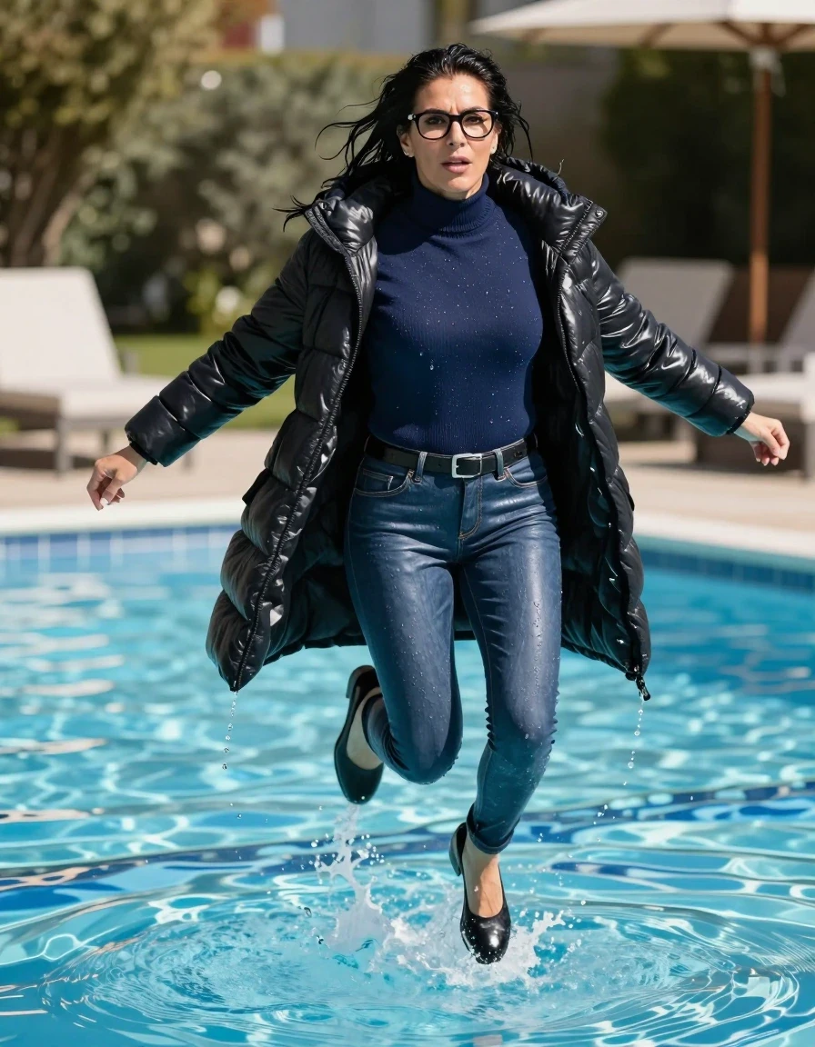 photo of young woman, in soaking wet, drenched clothes,
shoes, tight blue leather jeans, with belt, long dark blue high-neck sweater dress with long sleeves, maxi black down jacket, jumping in sunny swimming pool, 
enjoying, wet clothes stuck to body,
detailed textures of the wet clothes, wet face, wet plastered hair,
wet, drenched, professional, high-quality details, full body view.
sharp focus, ultra-high pixel detail, realistic, high-quality, full colors, incredibly detailed, 4k, 8k, 16k, hyper-realistic, RAW photo, masterpiece, ultra-detailed, professionally color graded, professional photograph, europen brunette skinny woman 50 years old, long dark black hair, very big and thick lips,  office glasses, complete body, wet skin, wet clothes, damp fabric, wet skin, wet clothes, damp fabric, wet skin, wet clothes, damp fabric, wet skin, wet clothes, damp fabric, wet skin, wet clothes, damp fabric