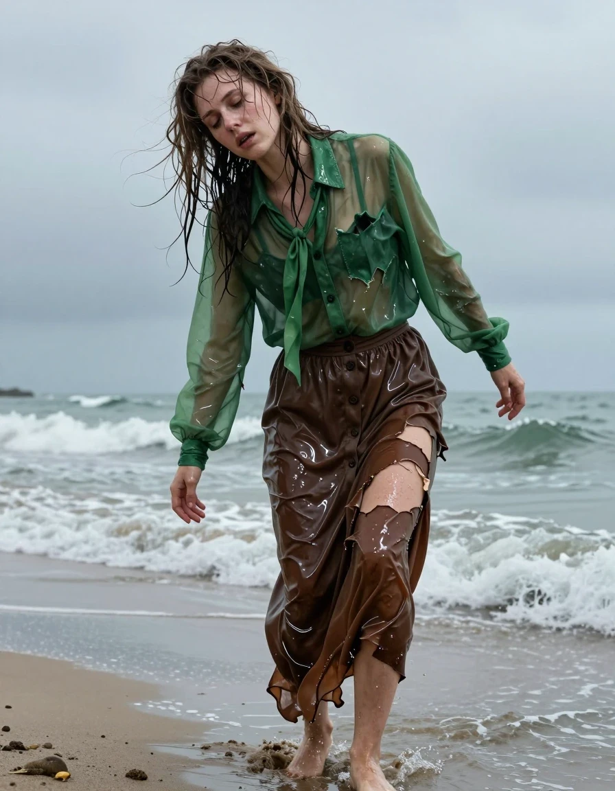 A photorealistic, highly detailed shot of a young adult European woman climbing out of the North Sea onto a cold, sandy beach, completely exhausted after a shipwreck. Her skin is pale, cold, and glistening with salt water, with wet, matted hair clinging to her face and shoulders. She is wearing an oversized, sheer green long-sleeved buttoned-down blouse with a bowtie, and a brown buttoned-down maxi skirt. Both garments are destroyed, torn, and clinging to her body; the fabric is heavily soaked, darkened, and translucent from the seawater, showing deep, heavy folds, water-saturated textures, and intense glossy specular reflections where the wet material adheres to her skin. Her bare feet are covered in wet sand and grit. The North Sea is turbulent in the background under a grey, overcast sky. The lighting is cold and diffuse, highlighting the sheen of the water on her skin and the weight of the sodden, ruined clothing. Cinematic composition, 8k resolution, raw photography, sharp focus on the textures of the wet fabric and skin.