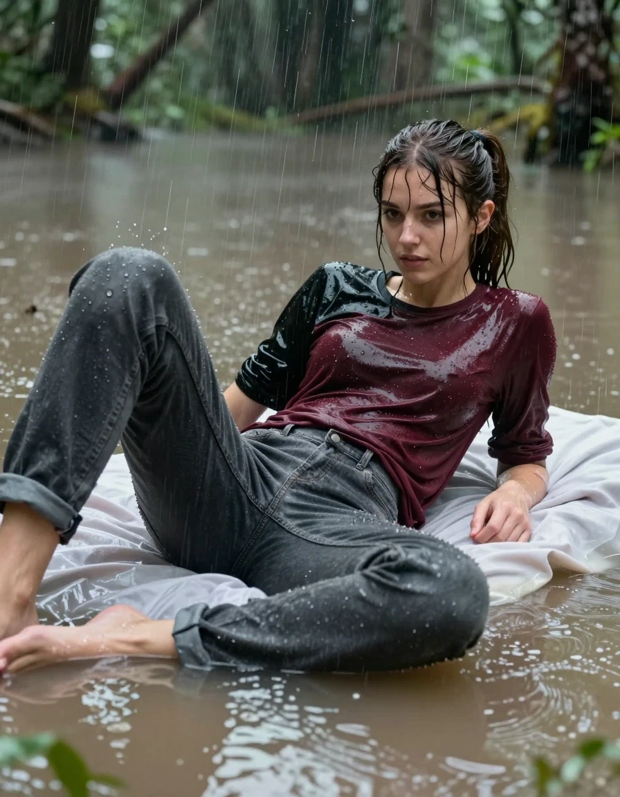 photo of young woman, in soaking wet, drenched clothes,
, soaked bulky dark grey jeans, a black long sleeve top underneath a maroon short sleeve , laying down in a bed in the middle of a flooded forest while it's pouring rain , 
enjoying, wet clothes stuck to body,
detailed textures of the wet clothes, wet face, wet plastered hair,
wet, drenched, professional, high-quality details, full body view.
sharp focus, ultra-high pixel detail, realistic, high-quality, full colors, incredibly detailed, 4k, 8k, 16k, hyper-realistic, RAW photo, masterpiece, ultra-detailed, professionally color graded, professional photograph, A small nineteen year old college girl with brunette hair in a ponytail and bangs, she has a wide square face with cute eyes. She has a small body and thin waist and legs. She is completely drenched. She lays down on the bed as water pours on her, she doesn't mind being soaked., wet skin, wet clothes, damp fabric