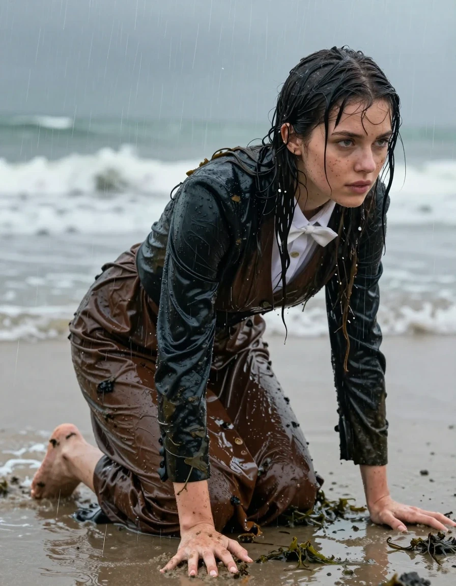 A photorealistic cinematic shot of a young adult European woman crawling out of the turbulent sea onto a sandy beach during a heavy downpour. She is covered in thick, dark mud and tangled seaweed clinging to her skin and clothes. She wears a brown buttoned-down maxi dress that is completely soaked through, clinging heavily to her body with deep, dark saturated patches and heavy wet folds. Over this, she wears a white shirt with a bowtie and a black tuxedo jacket, all dripping wet, with the fabric darkened and heavy from the seawater. Her bare feet are visible, caked in wet sand and mud as she drags herself across the shore. The atmosphere is gloomy and stormy, with rain lashing down, creating a strong glossy water sheen on her skin and hair. High-contrast lighting captures the texture of the wet seaweed and the heavy, clinging fabric, shot with a 35mm lens, sharp focus on the subject, raw photographic style, hyper-detailed wet textures.