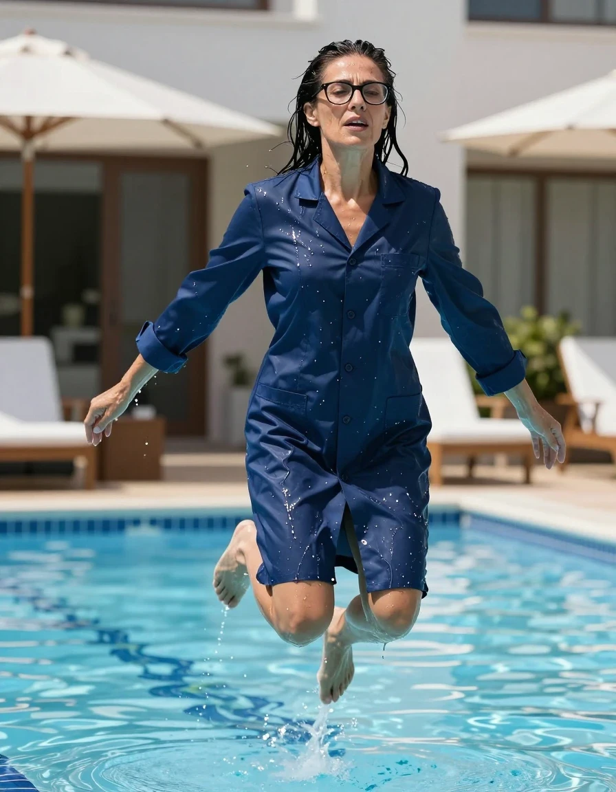 photo of young woman, in soaking wet, drenched clothes,
shoes, long flared dark blue labcoat with long sleeves, long flared dark blue labcoat with long sleeves, jumping in sunny swimming pool, 
enjoying, wet clothes stuck to body,
detailed textures of the wet clothes, wet face, wet plastered hair,
wet, drenched, professional, high-quality details, full body view.
sharp focus, ultra-high pixel detail, realistic, high-quality, full colors, incredibly detailed, 4k, 8k, 16k, hyper-realistic, RAW photo, masterpiece, ultra-detailed, professionally color graded, professional photograph, europen brunette skinny woman 50 years old, long dark black hair, very big and thick lips,  office glasses, complete body, wet skin, wet clothes, damp fabric, wet skin, wet clothes, damp fabric, wet skin, wet clothes, damp fabric, wet skin, wet clothes, damp fabric, wet skin, wet clothes, damp fabric