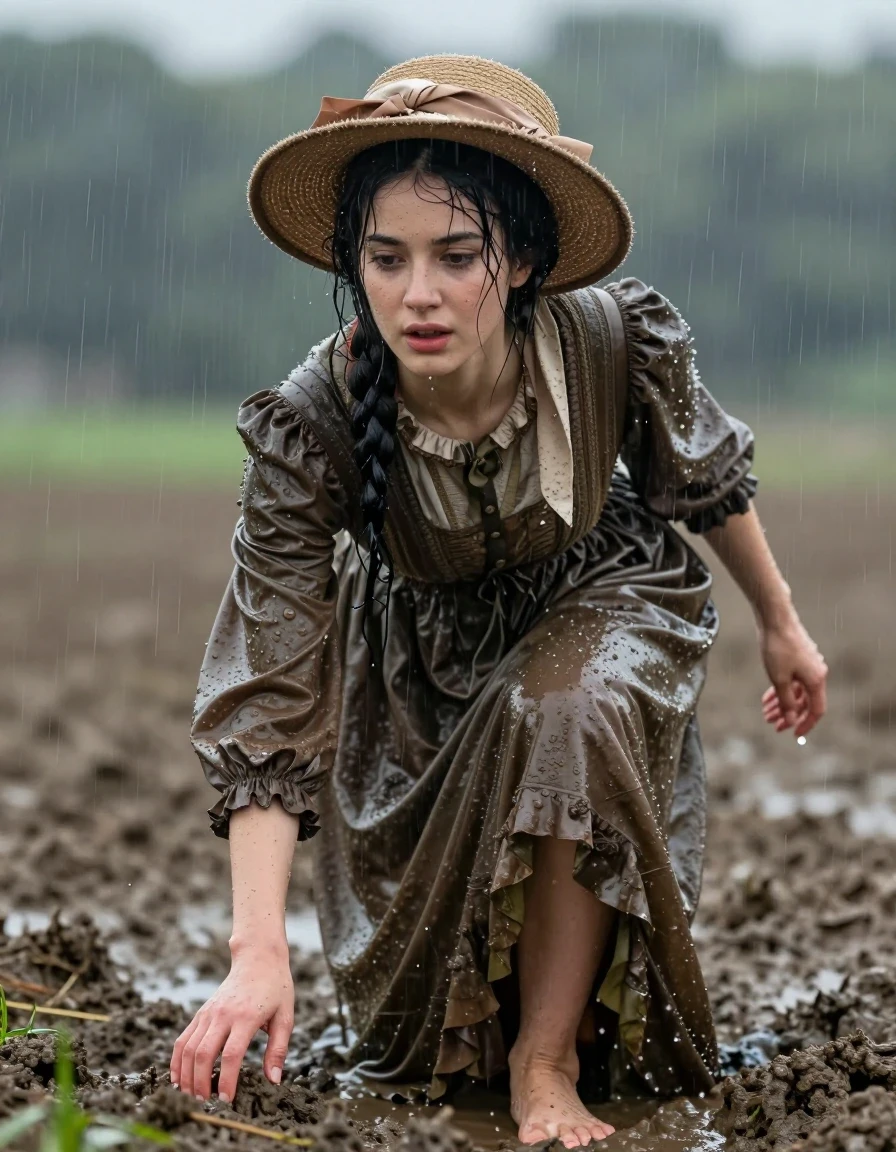 photo of young woman, in soaking wet, drenched clothes,
barefeet, long edwardian dress, long edwardian dress, hat, fields in heavy rain, 
enjoying, wet clothes stuck to body,
detailed textures of the wet clothes, wet face, wet plastered hair,
wet, drenched, professional, high-quality details, full body view.
sharp focus, ultra-high pixel detail, realistic, high-quality, full colors, incredibly detailed, 4k, 8k, 16k, hyper-realistic, RAW photo, masterpiece, ultra-detailed, professionally color graded, professional photograph, crawling in the mud, wet skin, wet clothes, damp fabric