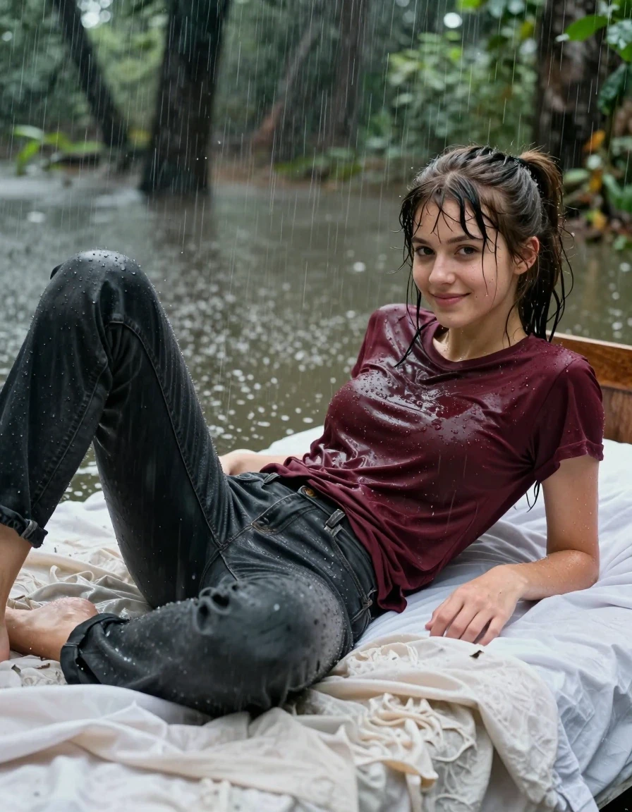 photo of young woman, in soaking wet, drenched clothes,
, soaked and shiny bulky dark black grey jeans, a black long sleeve top worn underneath a maroon short sleeve cotton top,, laying down in a bed in the middle of a flooded forest while it's pouring rain , 
enjoying, wet clothes stuck to body,
detailed textures of the wet clothes, wet face, wet plastered hair,
wet, drenched, professional, high-quality details, full body view.
sharp focus, ultra-high pixel detail, realistic, high-quality, full colors, incredibly detailed, 4k, 8k, 16k, hyper-realistic, RAW photo, masterpiece, ultra-detailed, professionally color graded, professional photograph, A small young nineteen year old college girl with brunette hair in a ponytail and bangs, she has a wide square face with cute eyes. She has a small body and small chest and thin waist and legs. Young face, candid, casual, relaxed, she smiles softly, She is completely drenched. She lays down on the bed as water pours on her, she doesn't mind being soaked. Her jeans are completely drenched, her clothes have darkened and have a shine from the water., wet skin, wet clothes, damp fabric