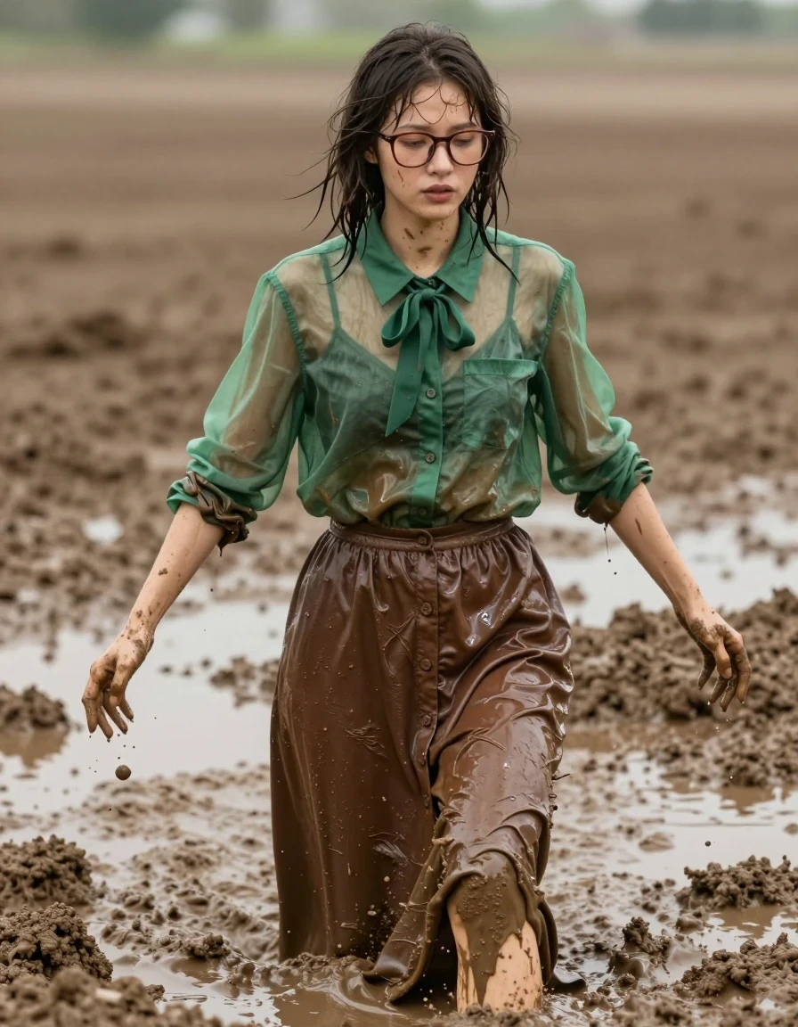 A photorealistic medium shot of a young adult European woman with a nerdy aesthetic, wearing thick-rimmed glasses, actively swimming and wallowing in a thick, muddy field. She is wearing an oversized sheer green buttoned-down blouse with a bowtie and a long brown buttoned-down maxi skirt. The fabric of the blouse and skirt is heavily saturated with water, clinging to her skin, showing deep color shifts, heavy folds, and a wet-look sheen. Her skin is coated in streaks of viscous mud, with wet hair plastered to her face and shoulders. The scene captures the realistic weight and texture of water-soaked textiles. The background is a vast, desolate, muddy field under natural overcast lighting. High-definition photographic quality, sharp focus on the wet skin texture, mud splatters, and realistic fabric displacement.
