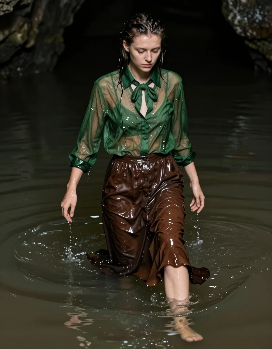 A photorealistic medium shot of a young adult European woman with wet, slicked-back hair, swimming through the murky, stagnant water of a dark, flooded mine. She is wearing an oversized sheer green buttoned-down blouse that is clinging to her skin, becoming translucent and heavy with moisture, paired with a brown buttoned-down maxi skirt that is completely water-saturated, darkening to deep espresso tones with heavy, dragging folds and clinging texture. A bowtie is tied at her neck, dripping and soaked. Her bare feet are visible as she treads water, skin glistening with a wet sheen. The water is dirty and reflective, casting dim, moody highlights on her wet skin and the saturated fabrics. Cinematic lighting, high-contrast shadows, hyper-realistic water surface ripples, detailed wet textures, 8k resolution, raw photography.