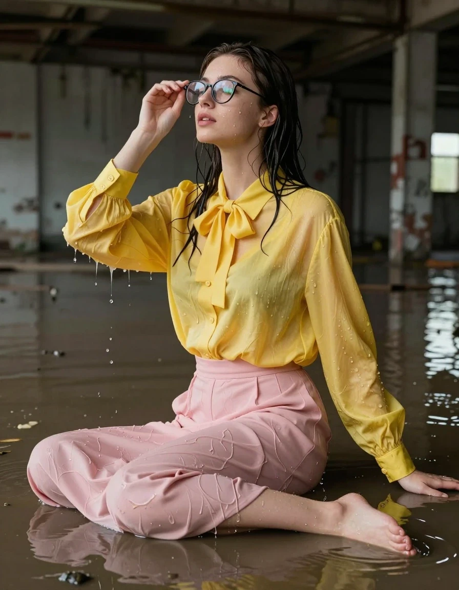 photo of young woman, in soaking wet, drenched clothes,
Barefeet, pink maxi skirt, glasses, yellow extremely oversized long sleeved buttoned down blouse, bowtie, abandoned flooded warehouse, 
enjoying, wet clothes stuck to body,
detailed textures of the wet clothes, wet face, wet plastered hair,
wet, drenched, professional, high-quality details, full body view.
sharp focus, ultra-high pixel detail, realistic, high-quality, full colors, incredibly detailed, 4k, 8k, 16k, hyper-realistic, RAW photo, masterpiece, ultra-detailed, professionally color graded, professional photograph, submerged in dirty water to the neck, sitting in the water, wet skin, wet clothes, damp fabric