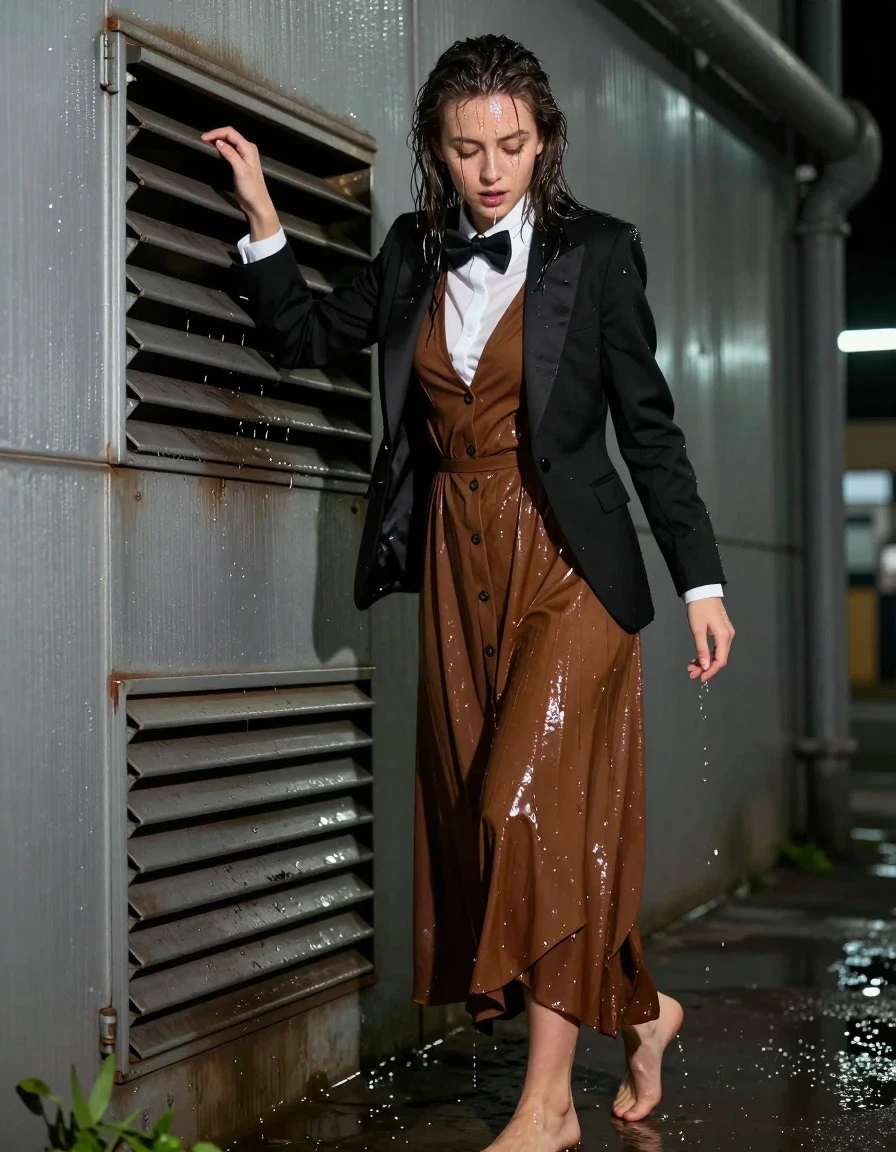 photo of young woman, in soaking wet, drenched clothes,
barefeet, brown buttoned down maxi dress, bowtie, black tuxedo jacket, brown buttoned down maxi dress, white shirt bowtie, black tuxedo jacket, streets at night, 
enjoying, wet clothes stuck to body,
detailed textures of the wet clothes, wet face, wet plastered hair,
wet, drenched, professional, high-quality details, full body view.
sharp focus, ultra-high pixel detail, realistic, high-quality, full colors, incredibly detailed, 4k, 8k, 16k, hyper-realistic, RAW photo, masterpiece, ultra-detailed, professionally color graded, professional photograph, nerdy look. crawling out of a ventillation shaft of a warehouse sweaty, wet skin, wet clothes, damp fabric, destroyed clothes, wet skin, wet clothes, damp fabric, wet skin, wet clothes, damp fabric