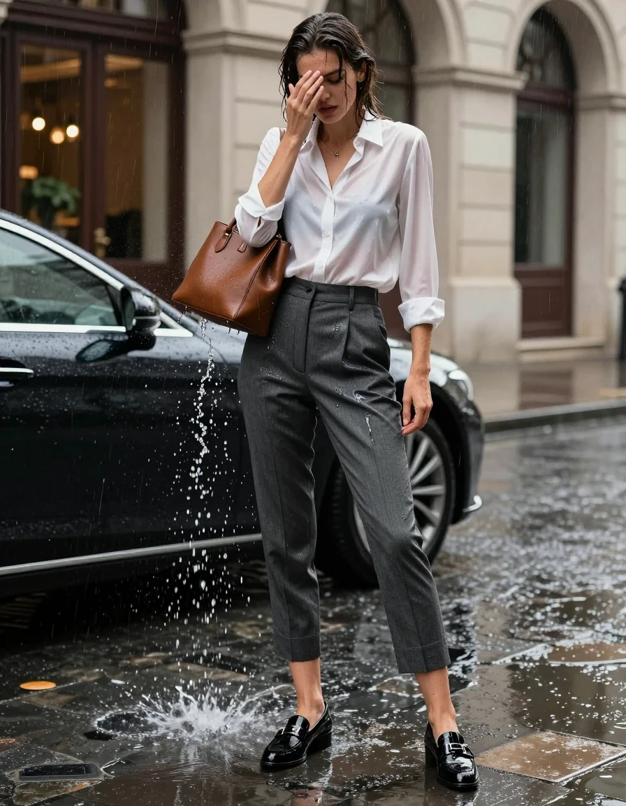 photo of young woman, in soaking wet, drenched clothes,
black patent leather loafers with silver buckles, tailored charcoal grey ankle-length trousers, crisp white silk button-down blouse, elegant hotel driveway, paved stone ground with large puddles, 
enjoying, wet clothes stuck to body,
detailed textures of the wet clothes, wet face, wet plastered hair,
wet, drenched, professional, high-quality details, full body view.
sharp focus, ultra-high pixel detail, realistic, high-quality, full colors, incredibly detailed, 4k, 8k, 16k, hyper-realistic, RAW photo, masterpiece, ultra-detailed, professionally color graded, professional photograph, a passing car has just splashed a wave of rainwater over her, woman is caught off guard shielding her face with a leather handbag, clothes are soaked and clinging to her skin with glossy wet reflections, flash photography style with sharp highlights, side-angle full-body shot, vivid colors, photorealistic texture, cinematic motion blur on the passing vehicle, balanced exposure, high-end lifestyle photography., wet skin, wet clothes, damp fabric, wet skin, wet clothes, damp fabric