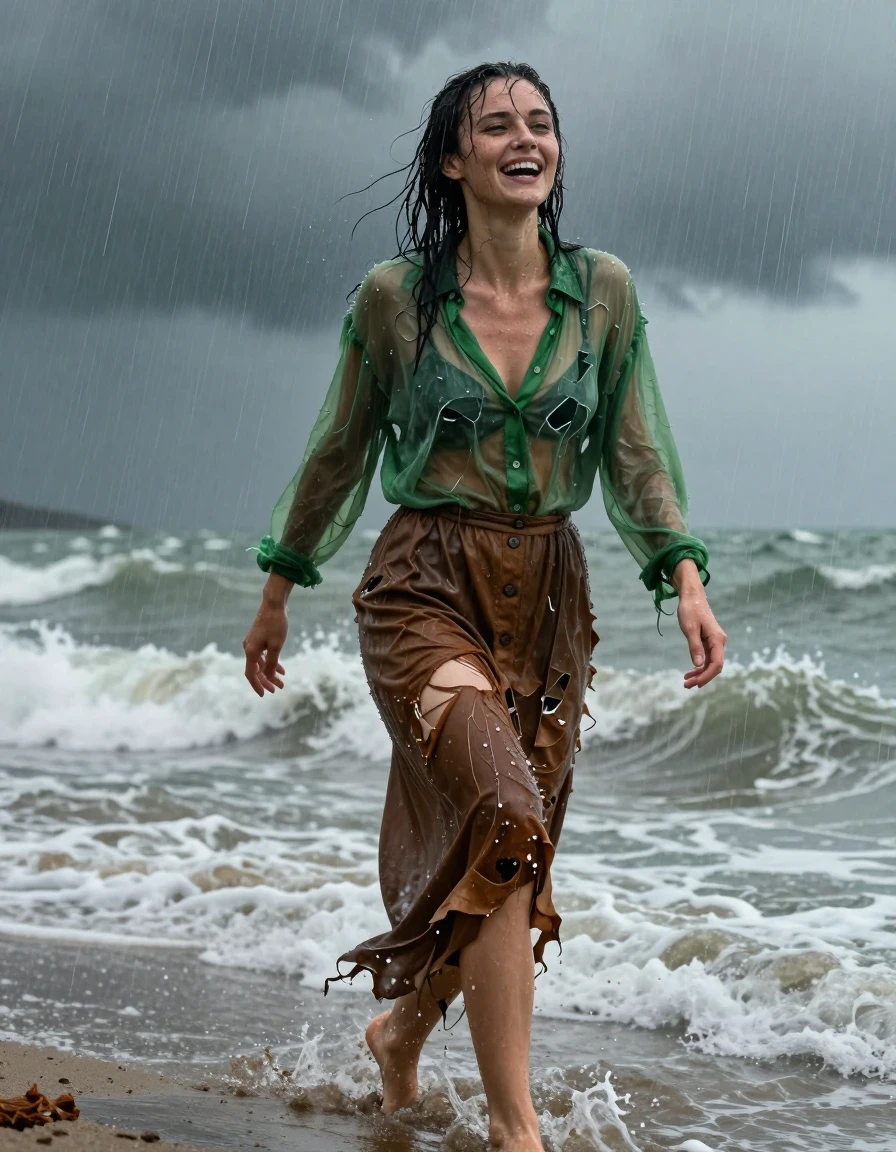 A hyper-realistic full-body shot of a young adult European woman shipwrecked on the shore of the North Sea during a torrential rainstorm. She is climbing out of the surf, completely exhausted yet expressing a look of raw, unbridled joy and relief. She is barefoot, with wet sand clinging to her skin. She wears an oversized sheer green long-sleeved buttoned-down blouse and a brown buttoned-down maxi skirt, both in a state of total ruin; the fabrics are shredded, torn, and heavy with seawater, clinging tightly to her body with deep, dark, unevenly soaked patches, visible folds, and a heavy water-saturated texture. Her hair is matted and dripping, her skin glistening with a realistic water sheen from the rain and ocean spray. The environment is dark and moody with crashing waves, gray turbulent waters, and heavy rain streaks cutting through the air. Cinematic lighting, high-contrast atmosphere, 8k resolution, captured on 35mm lens, sharp focus on the textures of the wet fabric and the subject's emotive facial expression, professional color grading, photorealistic, wetlook aesthetics.
