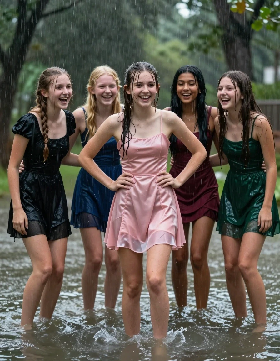 photo of young woman, in soaking wet, drenched clothes,
, , dress, 4.college girls playing in a flooded forest in the heavy rain , 
enjoying, wet clothes stuck to body,
detailed textures of the wet clothes, wet face, wet plastered hair,
wet, drenched, professional, high-quality details, full body view.
sharp focus, ultra-high pixel detail, realistic, high-quality, full colors, incredibly detailed, 4k, 8k, 16k, hyper-realistic, RAW photo, masterpiece, ultra-detailed, professionally color graded, professional photograph, Small young college girls both having fun together. All a similar age, a small nineteen year old girl, with a flat and slim body, skinny body, flat and skinny chest, a She has a wide square young face but a small very skinny waist and skinny legs, a very small chest and very small breasts, she is a pale brunette with ponytail and bangs and a face like masie williams, She has a small body, She is full of youthful energy. wearing a pink formal satin cocktail dress with a high neckline. she has her hands on her hips,. Her friend has blonde hair and is quite skinny, ,a wide square face, she is wearing a fit black short sleeve coctail dress. The third girl is 19, with a tan complexion and dark black hair, she is wearing a maroon mini dress, The 4th girl is brunette with a small body and thin legs, she is wearing a green prom dress, all of them except the blonde girl have very small breasts. wet skin, wet clothes, damp fabric,, wet skin, wet clothes, damp fabric, wet skin, wet clothes, damp fabric, wet skin, wet clothes, damp fabric, wet skin, wet clothes, damp fabric, wet skin, wet clothes, damp fabric
