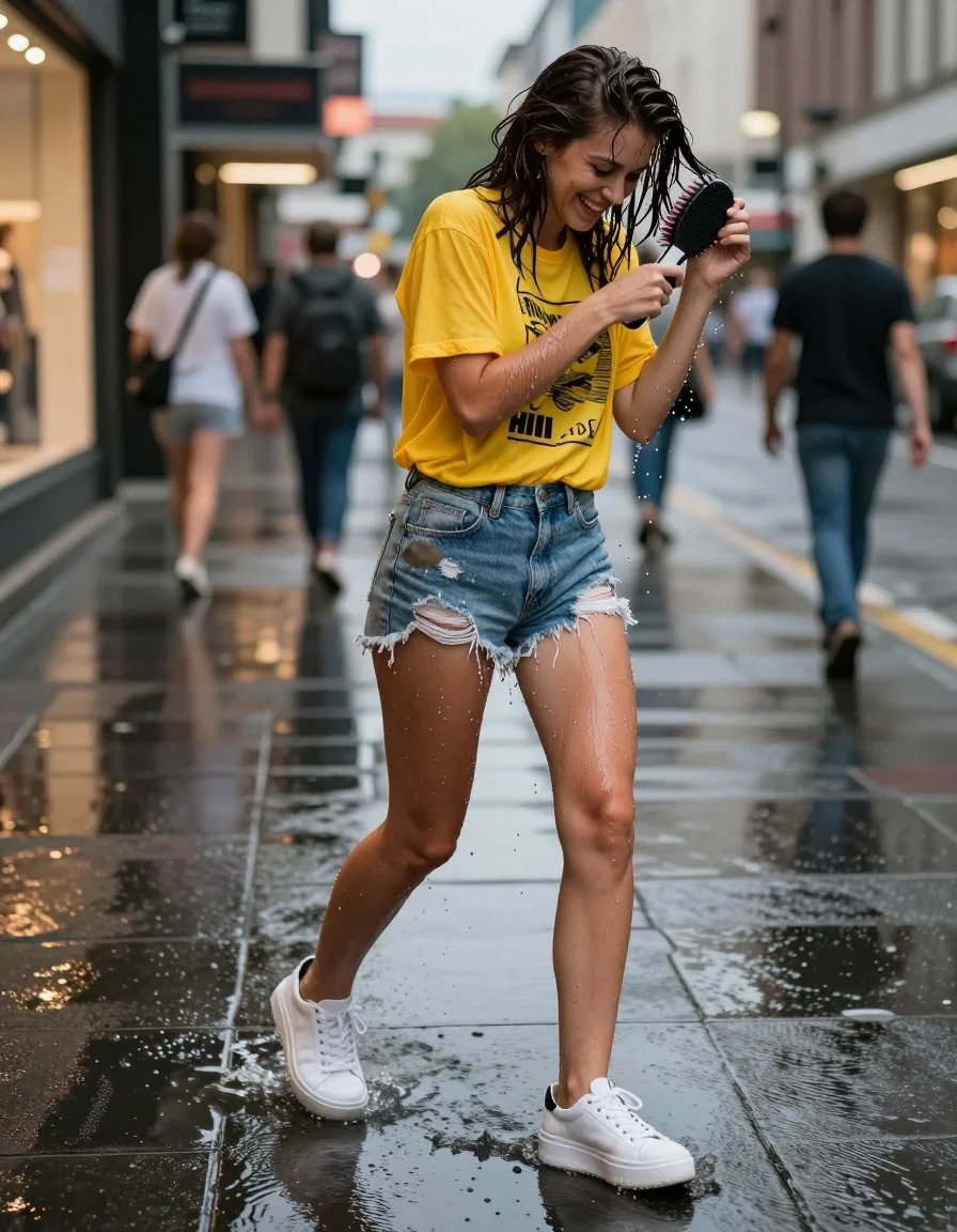 photo of young woman, in soaking wet, drenched clothes,
white platform sneakers completely soaked in dark puddle water, distressed light-wash denim shorts heavily splattered with grey street grime and water, bright yellow graphic band t-shirt clinging to skin and translucent from heavy splashing, busy city shopping district sidewalk at dusk with wet asphalt reflections, 
enjoying, wet clothes stuck to body,
detailed textures of the wet clothes, wet face, wet plastered hair,
wet, drenched, professional, high-quality details, full body view.
sharp focus, ultra-high pixel detail, realistic, high-quality, full colors, incredibly detailed, 4k, 8k, 16k, hyper-realistic, RAW photo, masterpiece, ultra-detailed, professionally color graded, professional photograph, a woman laughing while brushing wet hair away from her face, high-contrast flash photography, glossy wet fabric textures, captured from a low-angle dynamic side view, cinematic lifestyle shot, sharp focus, rich colors, 35mm lens style., wet skin, wet clothes, damp fabric