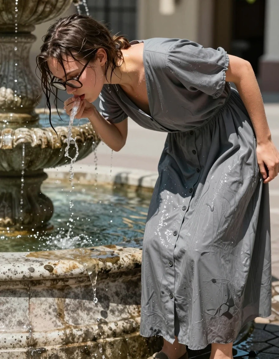 A photorealistic medium shot of a young adult European woman with a nerdy look, wearing thick-rimmed glasses, outdoors by a stone fountain on a scorching hot summer day. She is wearing a sweaty, oversized grey buttoned-down maxi dress with a bowtie, the fabric heavily soaked with perspiration and fountain water, causing the grey material to darken significantly, cling to her body, and form heavy, wet folds and deep saturated patches. Her skin is glistening with sweat, her hair is damp and matted, and she is captured in the act of leaning over to drink directly from the fountain stream. She is wearing simple sandals. The lighting is harsh and bright, creating strong specular highlights on her wet skin and the water-drenched fabric of her dress. The background features the fountain and a blurred, sun-drenched environment, high-contrast, sharp focus, 8k resolution, cinematic lighting, hyper-realistic textures.