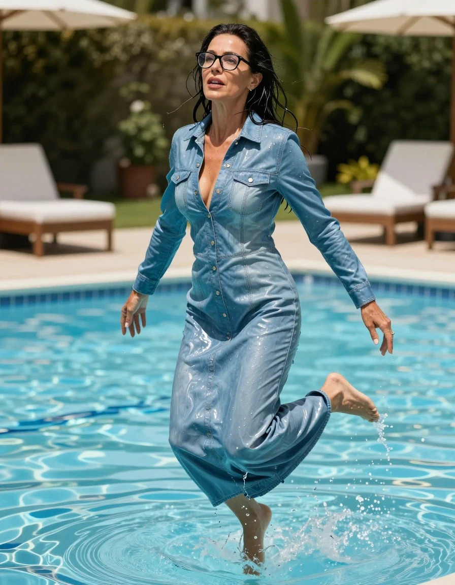 photo of young woman, in soaking wet, drenched clothes,
shoes, maxi flared light blue leather denim dress with long sleeves, maxi flared light blue leather denim dress with long sleeves, jumping in sunny swimming pool, 
enjoying, wet clothes stuck to body,
detailed textures of the wet clothes, wet face, wet plastered hair,
wet, drenched, professional, high-quality details, full body view.
sharp focus, ultra-high pixel detail, realistic, high-quality, full colors, incredibly detailed, 4k, 8k, 16k, hyper-realistic, RAW photo, masterpiece, ultra-detailed, professionally color graded, professional photograph, europen brunette skinny woman 50 years old, long dark black hair, very big and thick lips,  office glasses, complete body, wet skin, wet clothes, damp fabric, wet skin, wet clothes, damp fabric, wet skin, wet clothes, damp fabric, wet skin, wet clothes, damp fabric, wet skin, wet clothes, damp fabric