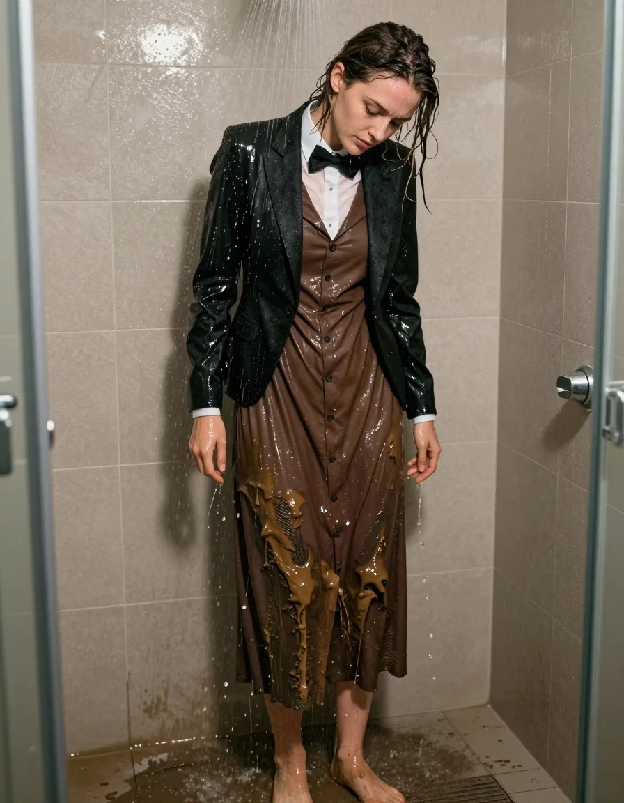 A hyper-realistic full-body shot of a young adult European woman in a shower, completely exhausted with her head bowed and shoulders slumped. She is wearing a brown buttoned-down maxi dress layered under a black tuxedo jacket, with a white shirt and a bowtie visible at the neckline. The clothing is heavily soaked with mud and water, clinging to her body; the brown fabric is darkened and heavy with moisture, showing deep folds and saturation. Water cascades over her, washing away thick streaks of mud from the fabric and her bare feet. Her skin is glistening with water, and her hair is wet and matted. The shower stall is tiled, with water spray and droplets creating a realistic sheen on all surfaces. Cinematic lighting highlights the texture of the wet fabric and the water flowing down her form, creating strong specular highlights. High-resolution photography, 8k, detailed skin texture, raw emotion, authentic wetness.