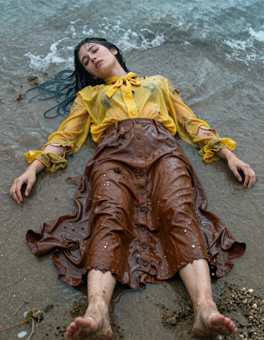 A photorealistic medium shot of a young adult European woman shipwrecked and completely exhausted, lying face-down on a Mediterranean sea beach during a torrential rainstorm. She is wearing an oversized yellow-green long-sleeved buttoned-down blouse with a bowtie and a brown buttoned-down maxi skirt. Her bare feet are visible, caked in wet sand. The clothing is destroyed, tattered, and heavily water-saturated; the blouse and skirt cling to her body with heavy, damp fabric folds, revealing a darker, translucent, and soaked texture. Her skin is slick with water and sea spray, with visible droplets and a wet sheen. The torrential rain creates a misty atmosphere, with water pooling in the fabric folds and sand. Lighting is moody, overcast, and high-contrast, emphasizing the glossy, wet texture of her skin and the heavy, clinging weight of the sodden garments. Sharp focus on the textures of the wet fabric and the surrounding storm-lashed shoreline.