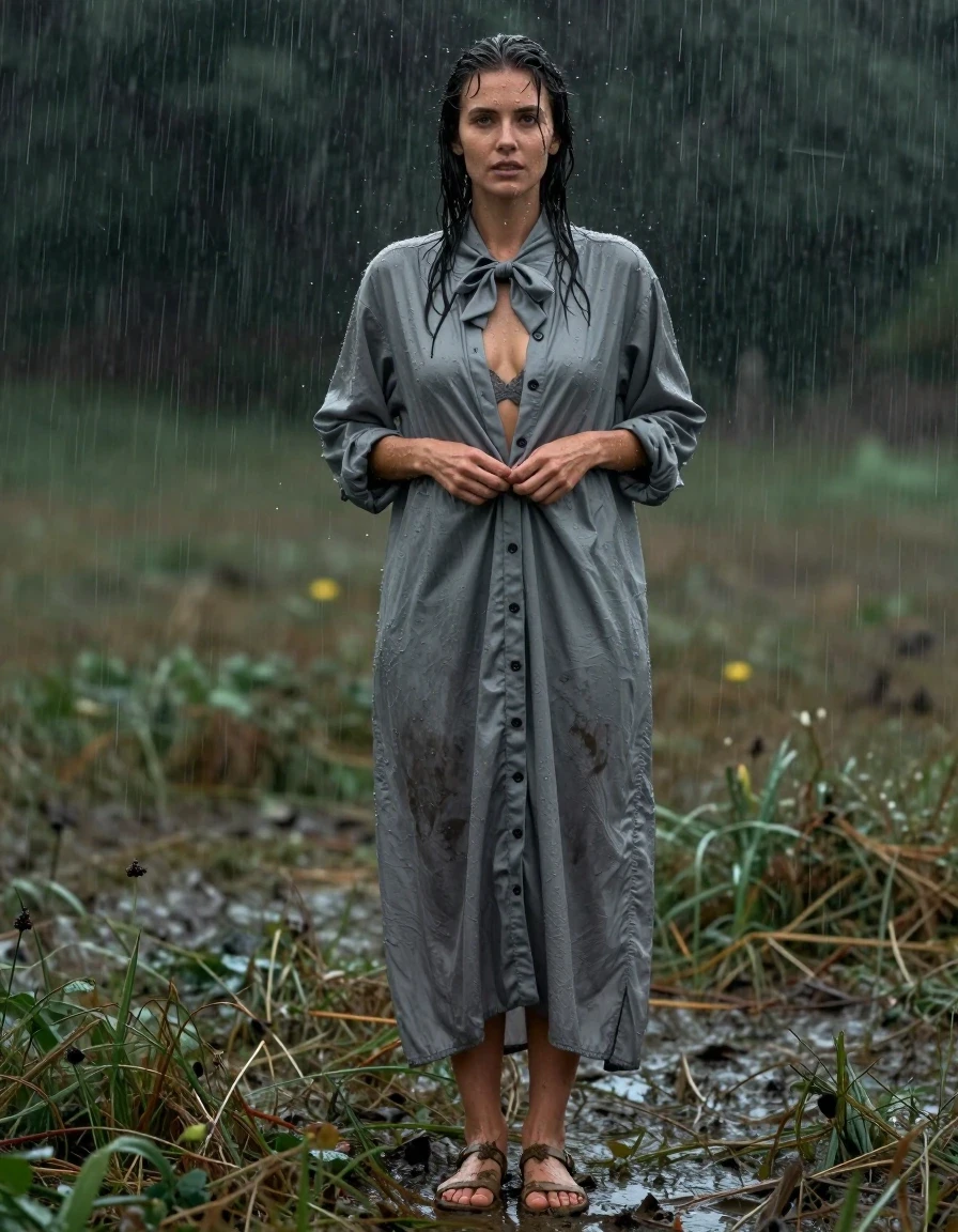 A photorealistic full-body shot of a young adult European woman standing in rainy fields, her skin and hair glistening with water, drenched from the downpour. She is wearing an oversized grey buttoned-down maxi dress with a bowtie at the collar, the fabric heavy, soaked, and clinging to her body, with visible darker patches and water-saturated folds reflecting the ambient light. She is in the middle of unbuttoning her dress to reveal the lace underwear beneath. She wears delicate sandals that are caked in wet mud. The atmosphere is moody and overcast with heavy rain falling. Cinematic lighting, high-contrast wet textures, sharp focus, 8k resolution, highly detailed skin pores and water droplets, photographic realism.