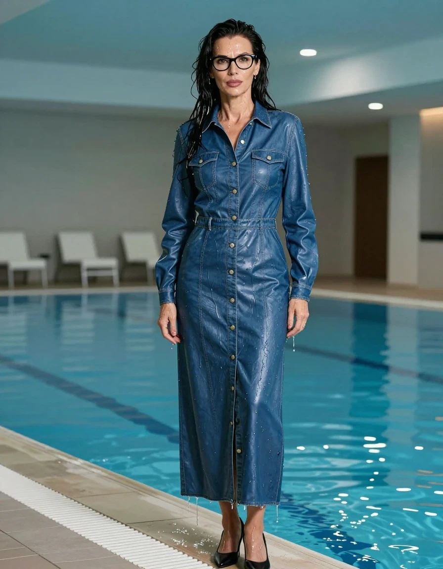photo of young woman, in soaking wet, drenched clothes,
shoes, maxi blue leather denim dress with long sleeves and buttons, maxi blue leather denim dress with long sleeves and buttons,  indoor swimming pool , enjoying%2C%20wet%20clothestuck body, 
enjoying, wet clothes stuck to body,
detailed textures of the wet clothes, wet face, wet plastered hair,
wet, drenched, professional, high-quality details, full body view.
sharp focus, ultra-high pixel detail, realistic, high-quality, full colors, incredibly detailed, 4k, 8k, 16k, hyper-realistic, RAW photo, masterpiece, ultra-detailed, professionally color graded, professional photograph, europen brunette skinny woman 50 years old, long dark black hair, very big and thick lips,  office glasses, complete body, wet skin, wet clothes, damp fabric, wet skin, wet clothes, damp fabric, wet skin, wet clothes, damp fabric, wet skin, wet clothes, damp fabric, wet skin, wet clothes, damp fabric