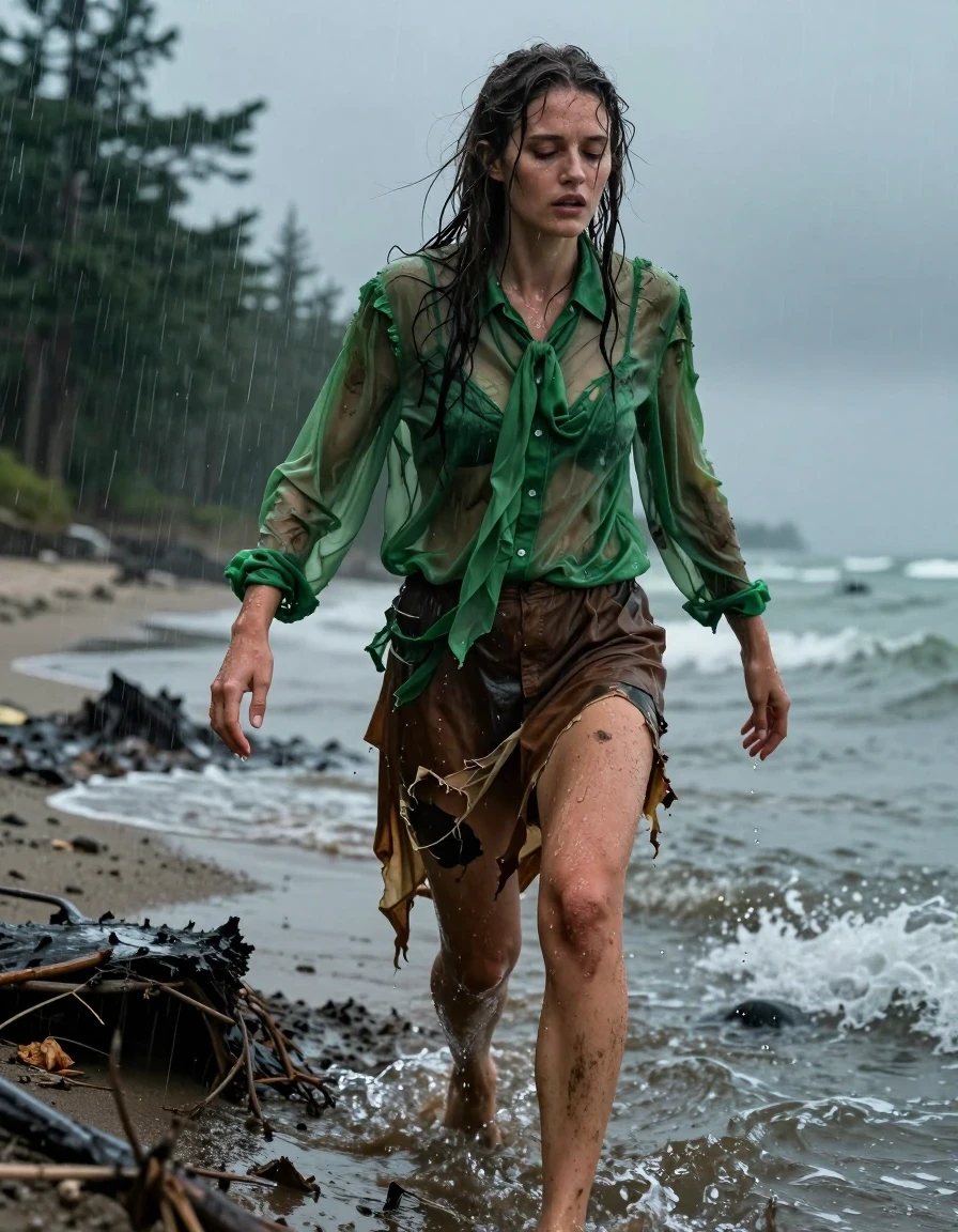 A photorealistic medium shot of a young adult European woman climbing out of the North Sea onto a dark, muddy forest edge, shipwrecked and completely exhausted. She is wearing an oversized sheer green long-sleeved buttoned-down blouse with a bowtie, and the torn remnants of a brown skirt. The clothes are destroyed, clinging to her body, heavy with seawater, and saturated with dark, uneven damp patches. Her skin is glistening with a realistic water sheen, hair matted and wet, skin cold and pale. The fabric of the blouse is translucent and soaked, clinging to her skin with deep color saturation and heavy folds. She is barefoot, her skin caked with wet sand and mud. The environment is a desolate North Sea beach during a torrential rainstorm, with high-contrast moody lighting, heavy atmosphere, and realistic water droplets on her skin and clothing. The composition is cinematic, focusing on the texture of the wet, ruined fabrics and the exhaustion in her expression, captured with sharp focus and professional photography techniques.