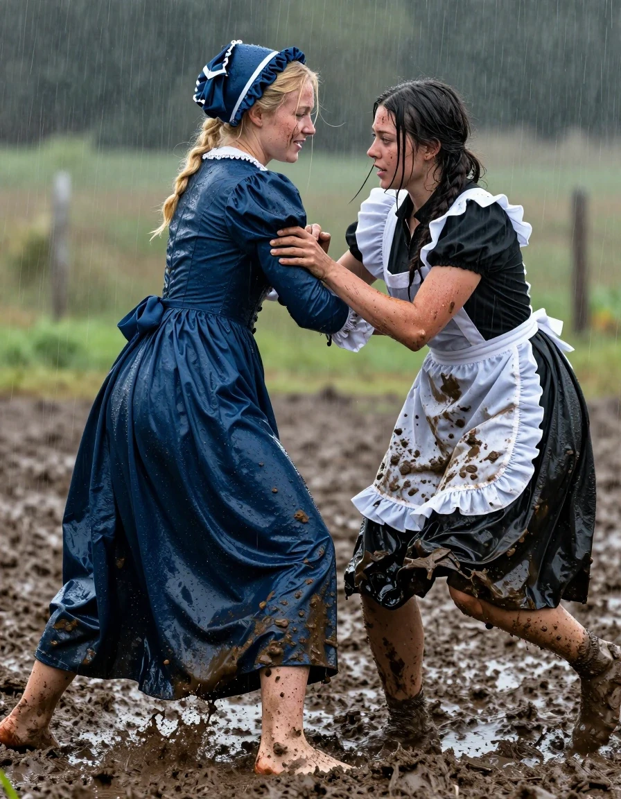 A cinematic, photorealistic scene of a blonde young adult European woman in an aristocratic long-sleeved maxi blue Regency-era dress and a matching hat, engaged in a muddy, intense wrestling match with a brunette young adult European woman dressed in a classic maid uniform. The scene is set in open fields during a heavy rainstorm. The Regency dress is thoroughly soaked, with the blue fabric darkened to deep navy and indigo, clinging to the body, showing heavy wet folds, and exhibiting a strong water sheen. The maid uniform is equally saturated, with mud splattered across the fabric. Both women have wet, matted hair and rain-slicked skin, with mud streaks across their faces and limbs. Their bare feet are visible, pressing into the thick, wet, churned-up mud of the field. The lighting is moody and overcast, highlighting the glistening water droplets on their skin and the heavy, saturated texture of the clothing. The composition captures the dynamic movement of the struggle, with high-contrast textures, realistic water physics, and sharp focus on the subjects, 8k resolution, highly detailed skin pores and fabric weave.