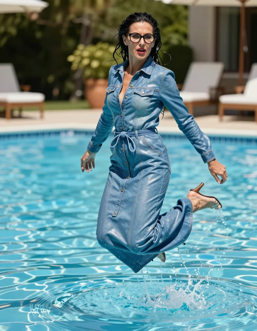 photo of young woman, in soaking wet, drenched clothes,
shoes, maxi flared light blue leather denim dress with long sleeves, with denim cord, maxi flared light blue leather denim dress with long sleeves, with denim cord, jumping in sunny swimming pool, 
enjoying, wet clothes stuck to body,
detailed textures of the wet clothes, wet face, wet plastered hair,
wet, drenched, professional, high-quality details, full body view.
sharp focus, ultra-high pixel detail, realistic, high-quality, full colors, incredibly detailed, 4k, 8k, 16k, hyper-realistic, RAW photo, masterpiece, ultra-detailed, professionally color graded, professional photograph, europen brunette skinny woman 50 years old, long dark black hair, very big and thick lips,  office glasses, complete body, wet skin, wet clothes, damp fabric, wet skin, wet clothes, damp fabric, wet skin, wet clothes, damp fabric, wet skin, wet clothes, damp fabric, wet skin, wet clothes, damp fabric