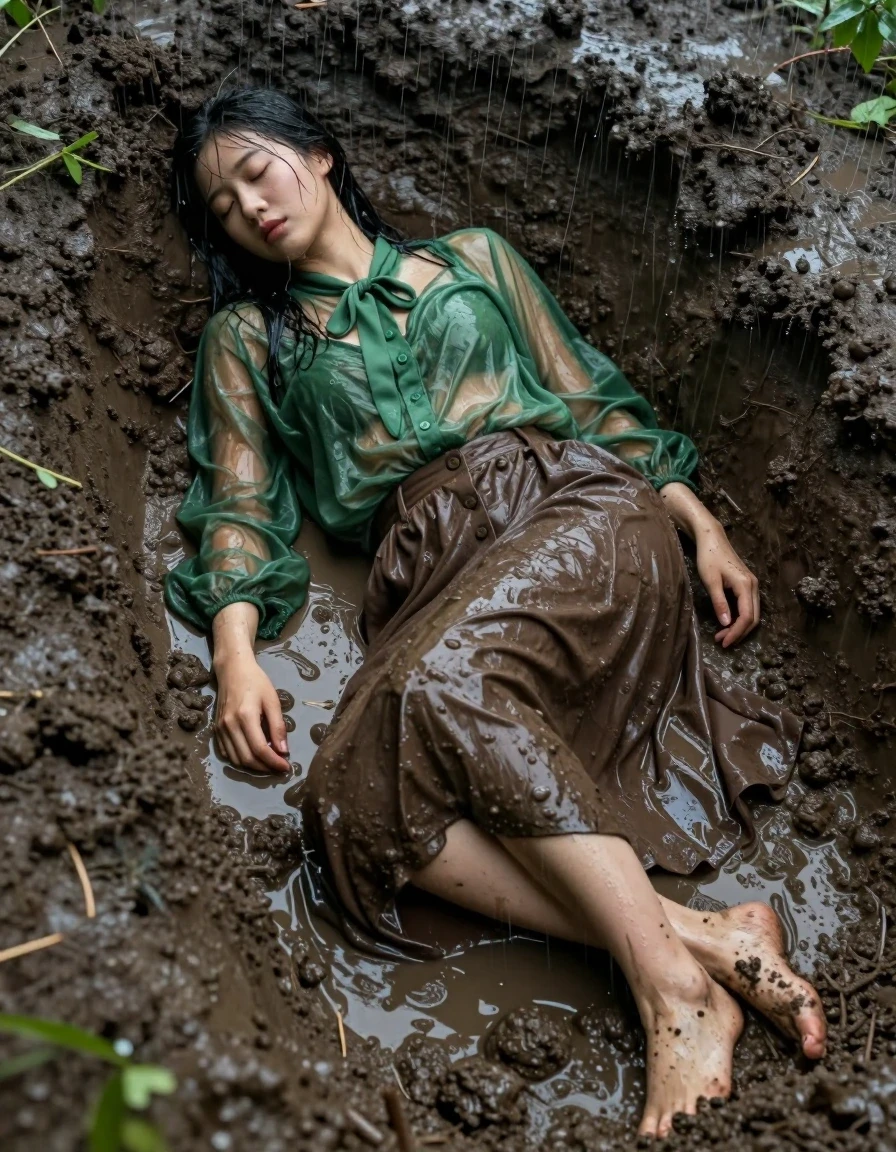 A photorealistic medium shot of a young adult European woman sleeping peacefully in a deep, muddy pit during a heavy torrential downpour. She is wearing an oversized sheer green long-sleeved buttoned-down blouse with a bowtie, which is soaked, translucent, and clinging to her skin, and a brown buttoned-down maxi skirt that is heavy with mud and water. Her bare feet are pressed into the thick, dark, wet mud. The torrential rain creates a constant water sheen over her skin and hair, with dark, soaked fabric textures and heavy, wet folds visible on her clothing. The lighting is moody and cinematic, highlighting the glistening water droplets, the muddy environment, and the saturated, dark tones of the sodden garments. Sharp focus on the textures of the mud, the wet fabric, and the subject's relaxed posture, captured in a high-detail photographic style.