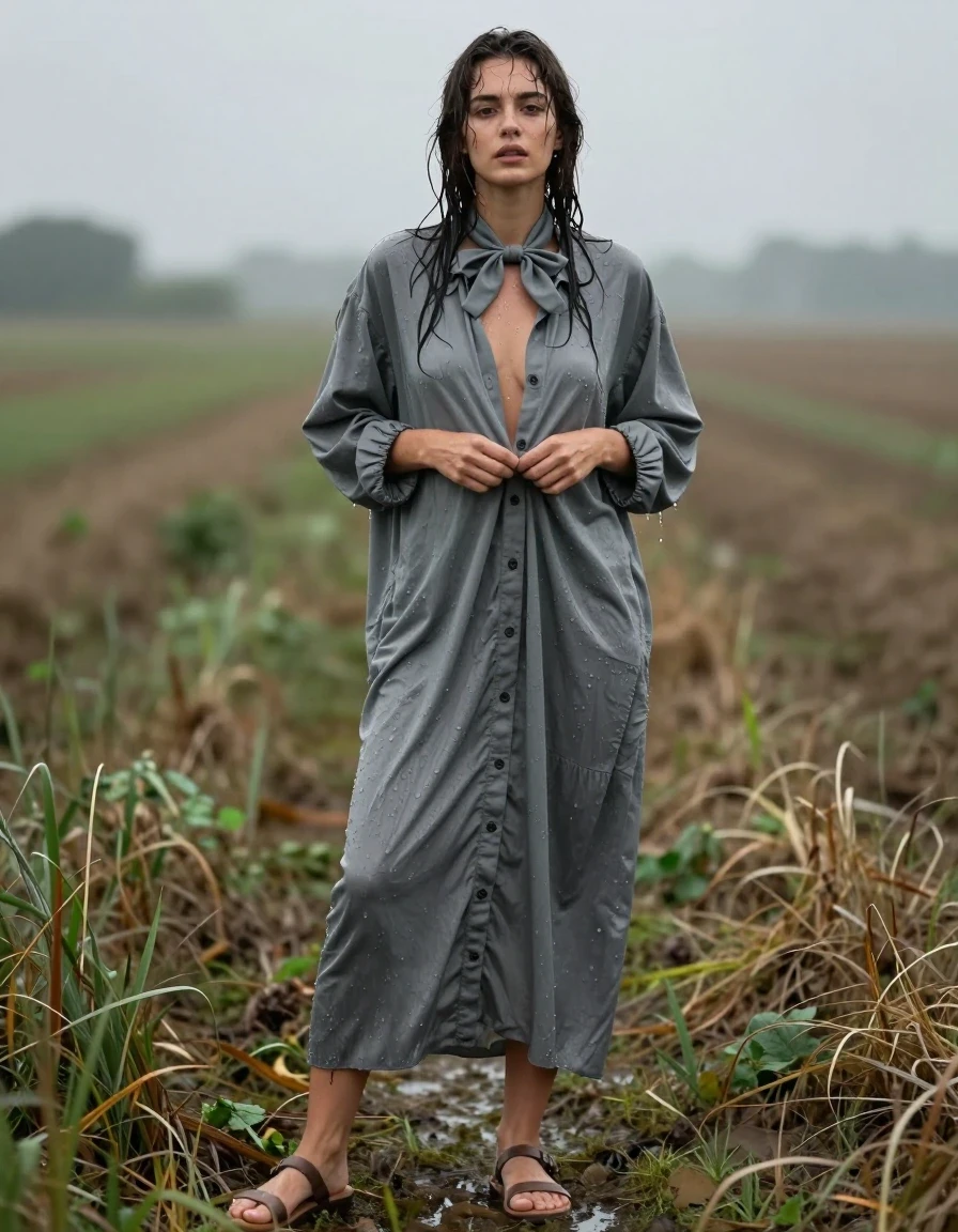 photo of young woman, in soaking wet, drenched clothes,
sandals, oversized grey buttoned down maxi dress, bowtie, oversized grey buttoned down maxi dress, bowtie, rainy fields, 
enjoying, wet clothes stuck to body,
detailed textures of the wet clothes, wet face, wet plastered hair,
wet, drenched, professional, high-quality details, full body view.
sharp focus, ultra-high pixel detail, realistic, high-quality, full colors, incredibly detailed, 4k, 8k, 16k, hyper-realistic, RAW photo, masterpiece, ultra-detailed, professionally color graded, professional photograph, unbuttoning her dress, showing her underwear, wet skin, wet clothes, damp fabric