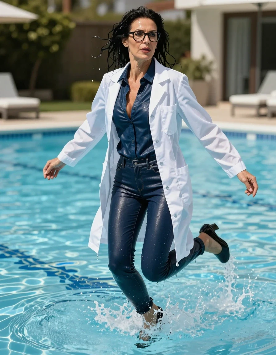 photo of young woman, in soaking wet, drenched clothes,
shoes, long dark blue tight leather jeans,  dark blue leather denim shirt, maxi flared white labcoat with long sleeves, jumped in water in sunny swimming pool, 
enjoying, wet clothes stuck to body,
detailed textures of the wet clothes, wet face, wet plastered hair,
wet, drenched, professional, high-quality details, full body view.
sharp focus, ultra-high pixel detail, realistic, high-quality, full colors, incredibly detailed, 4k, 8k, 16k, hyper-realistic, RAW photo, masterpiece, ultra-detailed, professionally color graded, professional photograph, europen brunette skinny woman 50 years old, long dark black hair, very big and thick lips,  office glasses, complete body, wet skin, wet clothes, damp fabric, wet skin, wet clothes, damp fabric, wet skin, wet clothes, damp fabric, wet skin, wet clothes, damp fabric, wet skin, wet clothes, damp fabric