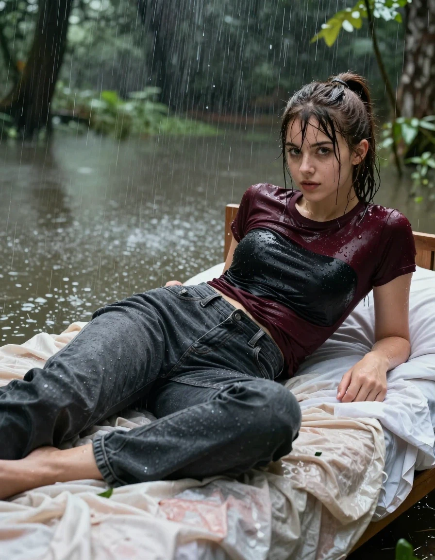 photo of young woman, in soaking wet, drenched clothes,
, soaked and shiny bulky dark black grey jeans, a black long sleeve top underneath a maroon short sleeve , laying down in a bed in the middle of a flooded forest while it's pouring rain , 
enjoying, wet clothes stuck to body,
detailed textures of the wet clothes, wet face, wet plastered hair,
wet, drenched, professional, high-quality details, full body view.
sharp focus, ultra-high pixel detail, realistic, high-quality, full colors, incredibly detailed, 4k, 8k, 16k, hyper-realistic, RAW photo, masterpiece, ultra-detailed, professionally color graded, professional photograph, A small nineteen year old college girl with brunette hair in a ponytail and bangs, she has a wide square face with cute eyes. She has a small body and thin waist and legs. She is completely drenched. She lays down on the bed as water pours on her, she doesn't mind being soaked., wet skin, wet clothes, damp fabric