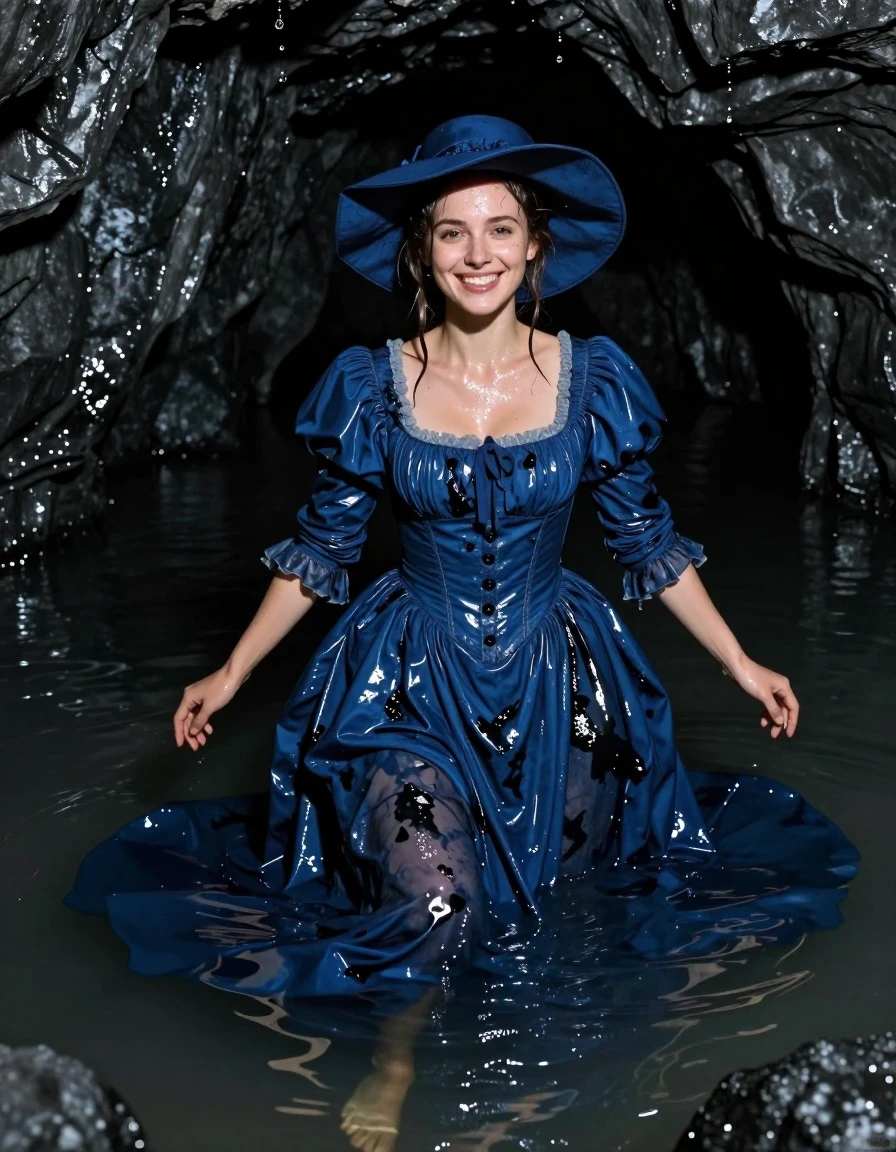 A photorealistic medium shot of a young adult European woman with wet, slicked-back hair and glistening, damp skin, happily swimming in the dark, murky water of a flooded coal mine. She is wearing an aristocratic, long-sleeved, floor-length maxi dress in a deep blue Regency-era style, topped with a matching wide-brimmed hat. The fabric of the dress is soaking-wet and heavy, clinging to her form with dark, saturated patches, visible folds, and translucent texture where the water has fully absorbed into the fibers, creating strong glossy specular reflections on the damp fabric surfaces. Her bare feet are visible beneath the water's surface, partially obscured by the murky depths. The environment is a cavernous, dimly lit coal mine with jagged, wet rock walls, dark reflections on the water's surface, and cinematic, high-contrast lighting that highlights the water droplets and the sheen of the wet clothing. 8k resolution, highly detailed texture, realistic water physics, atmospheric lighting.