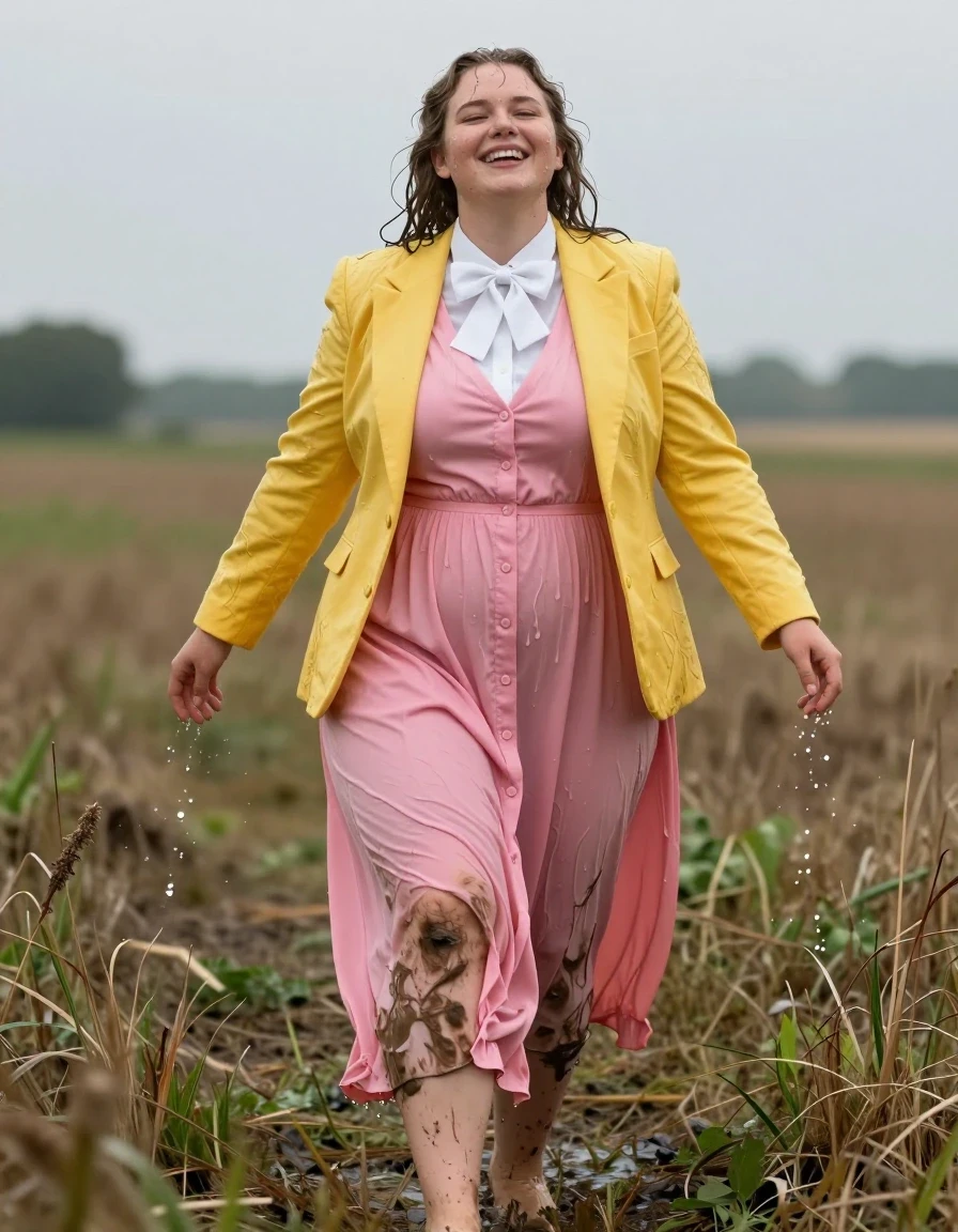 photo of young woman, in soaking wet, drenched clothes,
barefeet, pink buttoned down maxi dress, white shirt bowtie, yellow tuxedo jacket, pink buttoned down maxi dress, white shirt bowtie, yellow tuxedo jacket, happily getting soaked in the open fields, 
enjoying, wet clothes stuck to body,
detailed textures of the wet clothes, wet face, wet plastered hair,
wet, drenched, professional, high-quality details, full body view.
sharp focus, ultra-high pixel detail, realistic, high-quality, full colors, incredibly detailed, 4k, 8k, 16k, hyper-realistic, RAW photo, masterpiece, ultra-detailed, professionally color graded, professional photograph, plus size model, nerdy look, exhausted, muddy clothes, wet skin, wet clothes, damp fabric