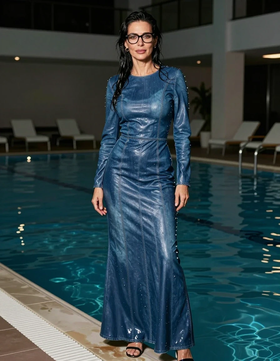photo of young woman, in soaking wet, drenched clothes,
shoes, maxi blue flared leather denim dress with long sleeves, maxi blue flared leather denim dress with long sleeves, https://aiwetlook.com/#imagDark indoor swimming pool night, enjoying%2C%20wet%20clothestuck body, 
enjoying, wet clothes stuck to body,
detailed textures of the wet clothes, wet face, wet plastered hair,
wet, drenched, professional, high-quality details, full body view.
sharp focus, ultra-high pixel detail, realistic, high-quality, full colors, incredibly detailed, 4k, 8k, 16k, hyper-realistic, RAW photo, masterpiece, ultra-detailed, professionally color graded, professional photograph, europen brunette skinny woman 50 years old, long dark black hair, very big and thick lips,  office glasses, complete body, wet skin, wet clothes, damp fabric, wet skin, wet clothes, damp fabric, wet skin, wet clothes, damp fabric, wet skin, wet clothes, damp fabric, wet skin, wet clothes, damp fabric