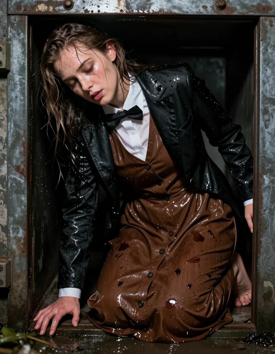 A photorealistic, highly detailed shot of a young adult European woman with a nerdy aesthetic, crawling out of a metal ventilation shaft in a dark warehouse mall alley at night. She is completely exhausted, her skin glistening with sweat and moisture, hair damp and plastered to her face. She is wearing a brown buttoned-down maxi dress that is heavily soaked and clinging to her body, with visible dark, damp fabric patches, heavy water-saturated folds, and a sheen of wetness. Over the dress, she wears a crisp white shirt with a bowtie and a black tuxedo jacket, both drenched and heavy with water, showing deep dark tones and clinging textures. She is barefoot, her skin wet and glistening under the harsh, dim lighting of the warehouse exterior. The atmosphere is gritty and damp, with high-contrast night lighting highlighting the specular reflections on her wet skin and the saturated, clinging fabric of her clothes. Cinematic composition, sharp focus, 8k resolution, realistic textures, wet skin and fabric physics.