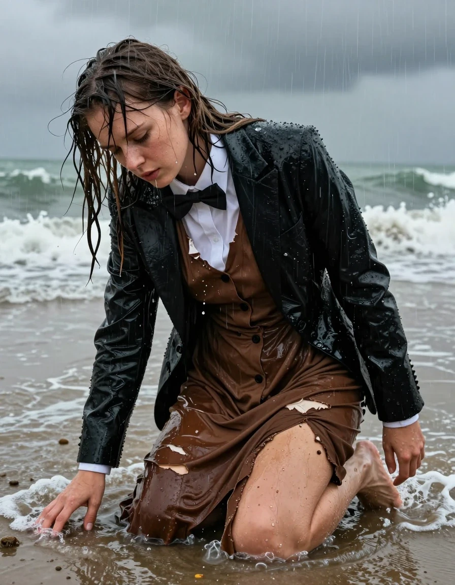 A photorealistic, hyper-detailed shot of a young adult European woman with a nerdy look, appearing completely exhausted while crawling out of the surf onto the North Sea beach. She is wearing a brown buttoned-down maxi dress that is shredded and torn, layered with a white shirt and a formal bowtie, topped with a black tuxedo jacket that is heavy and waterlogged. Her clothing is completely soaked, with the fabric darkened, clinging to her frame with heavy wet folds, sagging under the weight of the sea water, and showing visible texture and debris from the beach. She is barefoot, with wet sand clinging to her skin. The scene is set during a torrential rainstorm, with heavy downpours, mist, and dark, turbulent North Sea waves in the background. Her hair is plastered to her face and shoulders, dripping with seawater. High-contrast lighting, cinematic composition, hyper-realistic wet skin textures, water sheen on fabric surfaces, salt-water soaked appearance, gritty atmosphere, 8k resolution, captured on 35mm lens, sharp focus on the subject's weary expression.