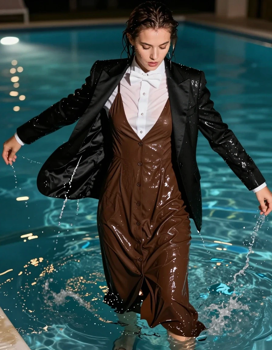 A stunning young European woman in a pool, captured in a high-action moment of tearing off her clothing. She is wearing a brown buttoned-down maxi dress layered with a white shirt, a crisp bowtie, and a structured black tuxedo jacket. The fabrics are heavily water-saturated, clinging tightly to her body with deep, darkened tones, visible heavy folds, and a high-gloss water sheen reflecting the pool lighting. Her skin and hair are dripping wet, with water cascading off her as she forcefully pulls at the fabric of the dress and jacket, causing them to tear and fray. She is wearing sandals on her feet, partially submerged in the shimmering pool water. The environment is a luxurious, illuminated pool at night, with cinematic lighting emphasizing the wet textures, the translucency of the soaked white shirt, and the dramatic movement of the fabric being destroyed. Photorealistic, 8k, sharp focus on the wet fabric textures and the intensity of her expression.