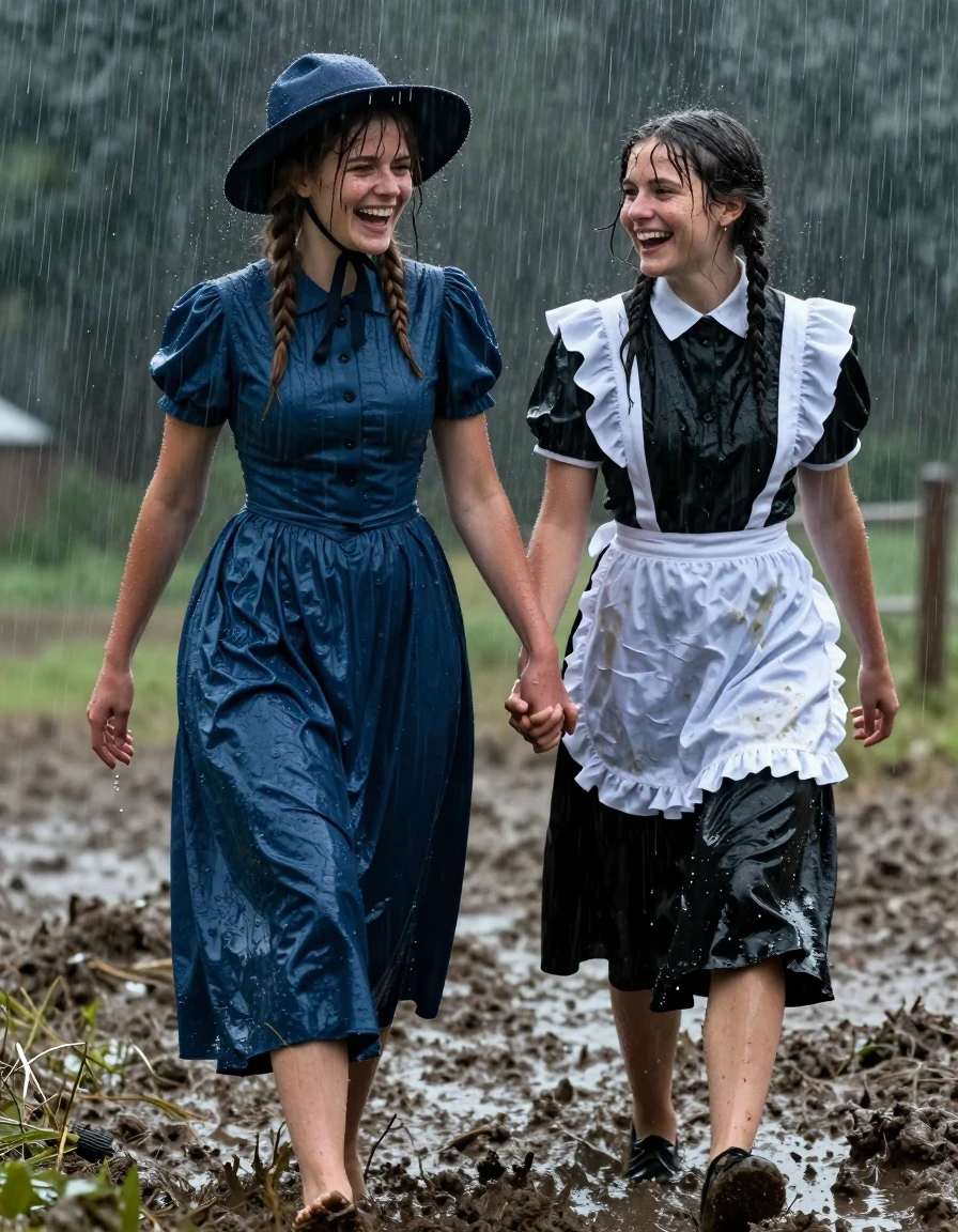 A photorealistic cinematic shot of two young adult European women walking hand-in-hand through a muddy field during a heavy torrential rainstorm. The first woman is wearing a long blue Edwardian dress and a matching hat, her bare feet pressing into the thick, wet mud. The second woman is dressed in a traditional black and white Edwardian maid uniform. Both women are laughing, their expressions joyful despite the downpour. The clothing is heavily soaked; the blue fabric of the dress is darkened to a deep navy with heavy wet folds, clinging to their frames and showing visible texture, while the maid uniform is saturated and dripping. Their hair is plastered to their faces and necks by the rain, and their skin is glistening with a realistic water sheen. The environment is dark and atmospheric, with visible rain streaks, heavy mud, and puddles reflecting the dim ambient light. The camera captures a medium-full shot with a shallow depth of field, emphasizing the wet textures, the movement of their stride, and the high-contrast lighting of the storm, 8k resolution, highly detailed skin pores, realistic water physics, hyper-realistic wet-look finish.