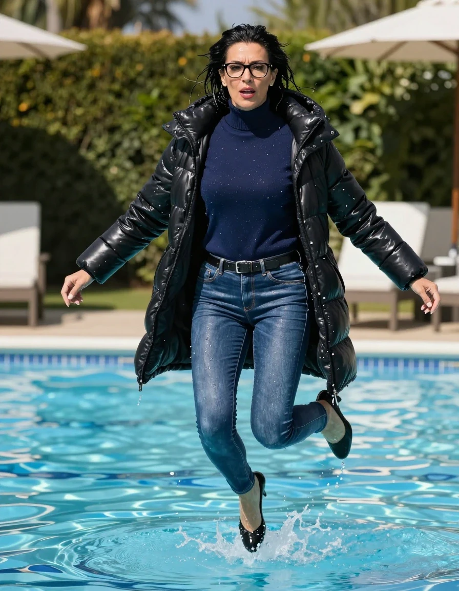 photo of young woman, in soaking wet, drenched clothes,
shoes, tight blue leather jeans, with belt, long dark blue high-neck sweater with long sleeves, maxi black down jacket, jumping in sunny swimming pool, 
enjoying, wet clothes stuck to body,
detailed textures of the wet clothes, wet face, wet plastered hair,
wet, drenched, professional, high-quality details, full body view.
sharp focus, ultra-high pixel detail, realistic, high-quality, full colors, incredibly detailed, 4k, 8k, 16k, hyper-realistic, RAW photo, masterpiece, ultra-detailed, professionally color graded, professional photograph, europen brunette skinny woman 50 years old, long dark black hair, very big and thick lips,  office glasses, complete body, wet skin, wet clothes, damp fabric, wet skin, wet clothes, damp fabric, wet skin, wet clothes, damp fabric, wet skin, wet clothes, damp fabric, wet skin, wet clothes, damp fabric