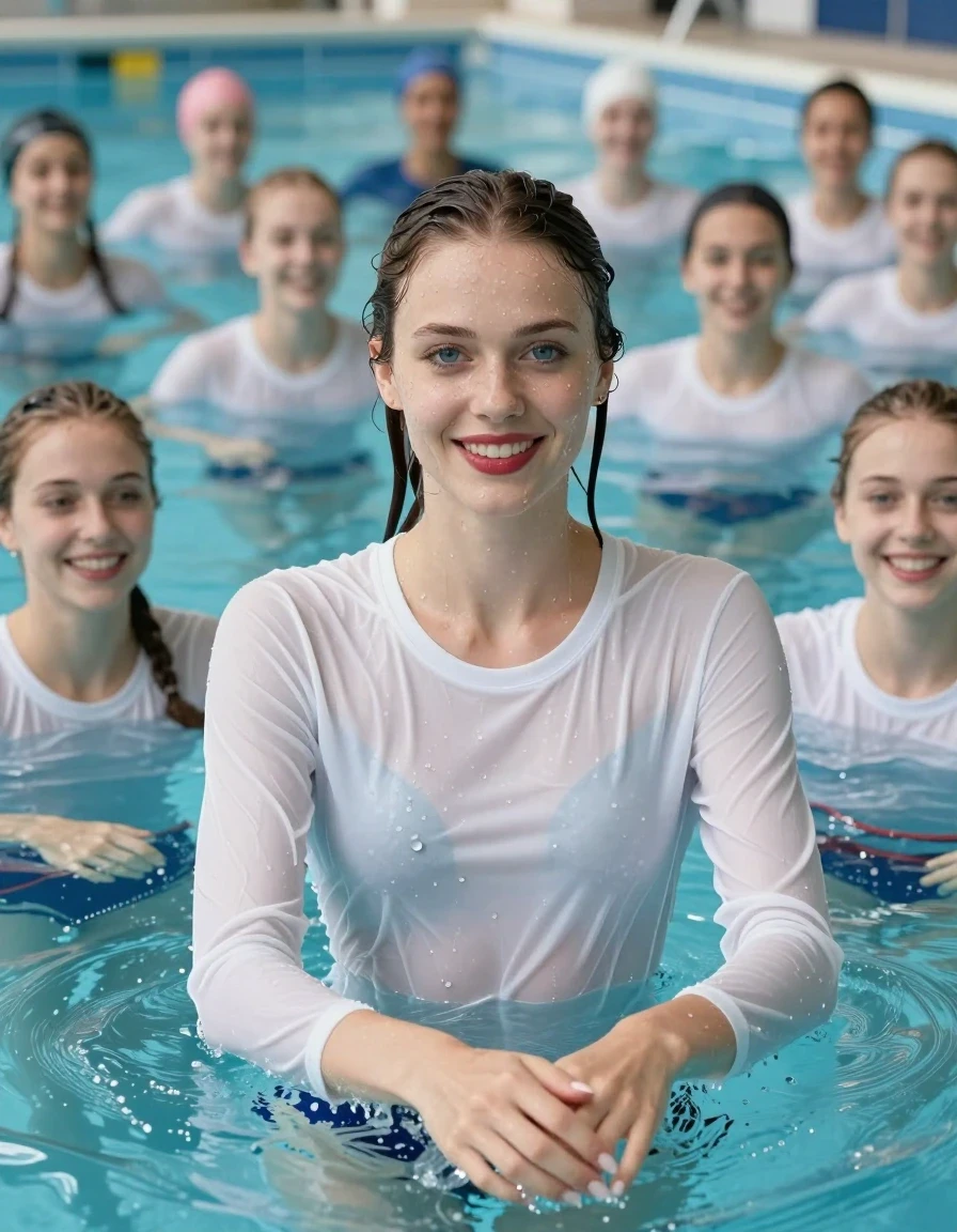 photo of young woman, in soaking wet, drenched clothes,
White longsleeves t-shirt, Swimming in pool, 
enjoying, wet clothes stuck to body,
detailed textures of the wet clothes, wet face, wet plastered hair,
wet, drenched, professional, high-quality details, full body view.
sharp focus, ultra-high pixel detail, realistic, high-quality, full colors, incredibly detailed, 4k, 8k, 16k, hyper-realistic, RAW photo, masterpiece, ultra-detailed, professionally color graded, professional photograph, Twenty Young girls with blue eyes swimming submerged in pool with White longsleeves t-shirts, smiling, blue eyes, red lipstick, wet skin, wet clothes, damp fabric