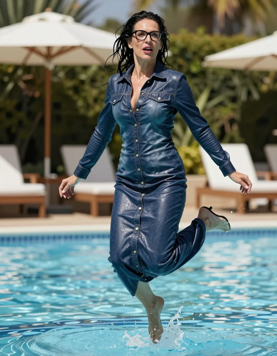 photo of young woman, in soaking wet, drenched clothes,
shoes, maxi flared dark blue leather denim dress with long sleeves and buttons, maxi flared dark blue leather denim dress with long sleeves and buttons, jumping in sunny swimming pool, 
enjoying, wet clothes stuck to body,
detailed textures of the wet clothes, wet face, wet plastered hair,
wet, drenched, professional, high-quality details, full body view.
sharp focus, ultra-high pixel detail, realistic, high-quality, full colors, incredibly detailed, 4k, 8k, 16k, hyper-realistic, RAW photo, masterpiece, ultra-detailed, professionally color graded, professional photograph, europen brunette skinny woman 50 years old, long dark black hair, very big and thick lips,  office glasses, complete body, wet skin, wet clothes, damp fabric, wet skin, wet clothes, damp fabric, wet skin, wet clothes, damp fabric, wet skin, wet clothes, damp fabric, wet skin, wet clothes, damp fabric